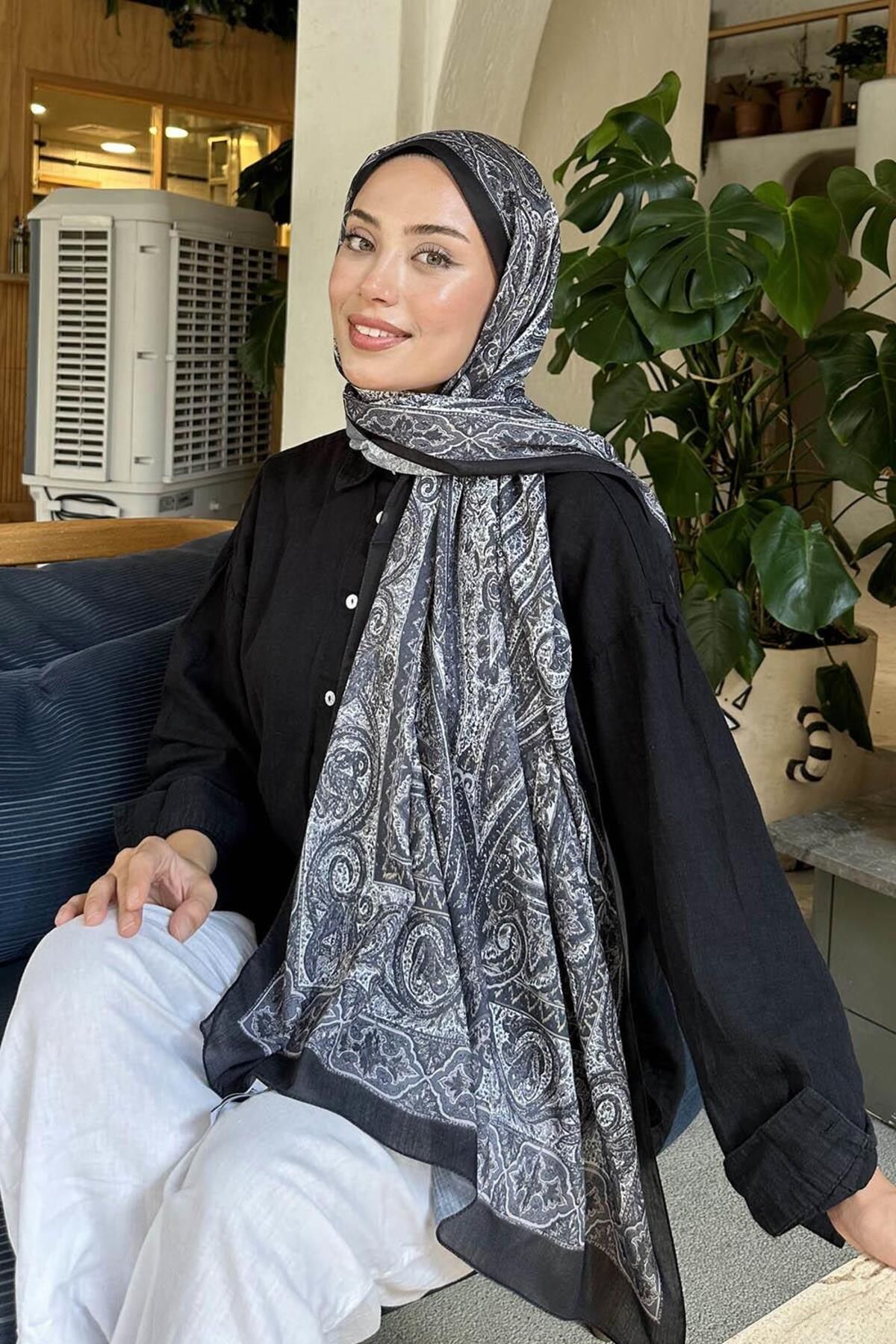 lamelif.com-شال قطني منقوش باللون الأسود 2