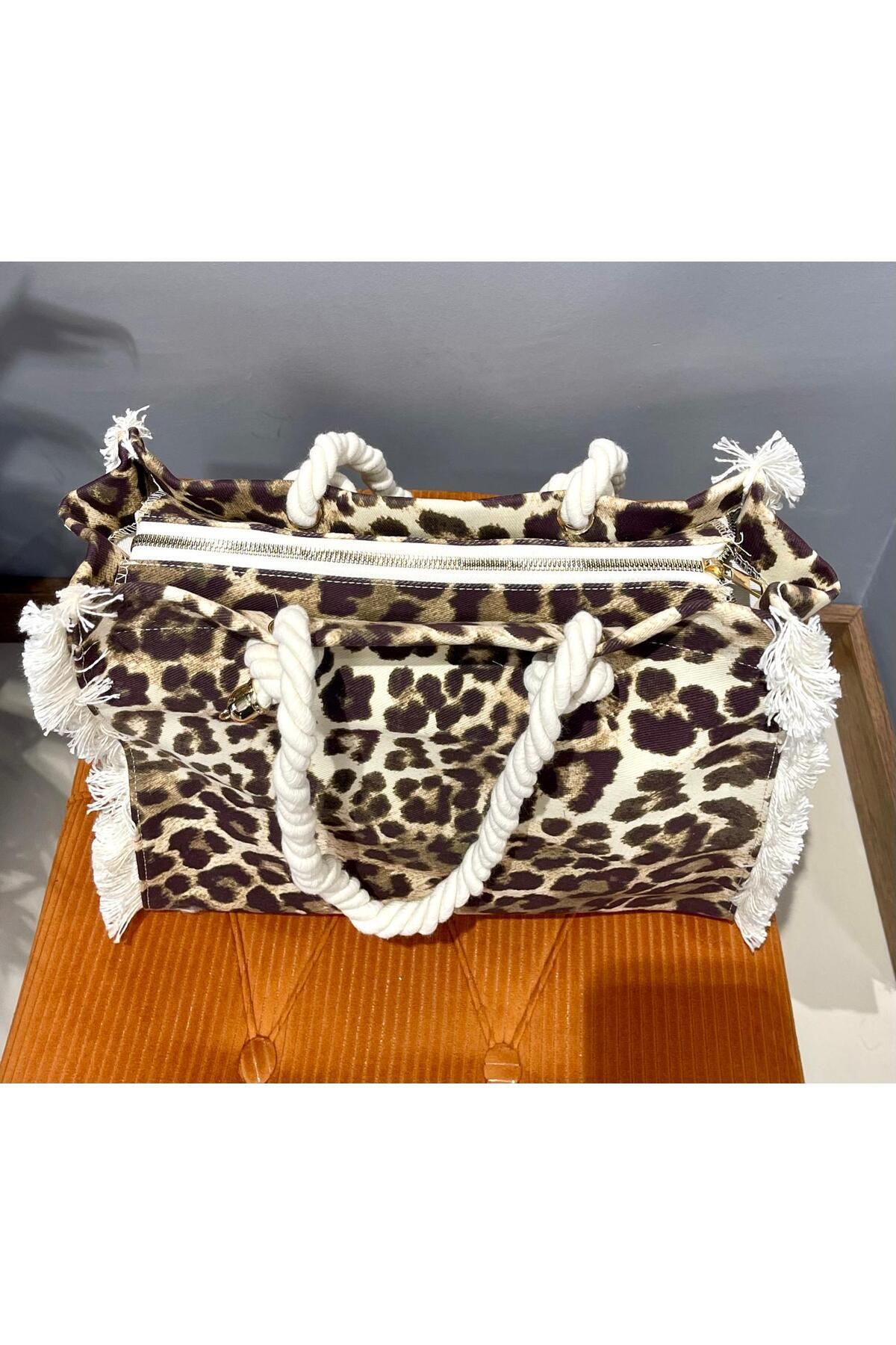 ARZU ÖZEL MODA ATÖLYESİ-Leopard Patterned Fabric Bag with Rope Strap. 3