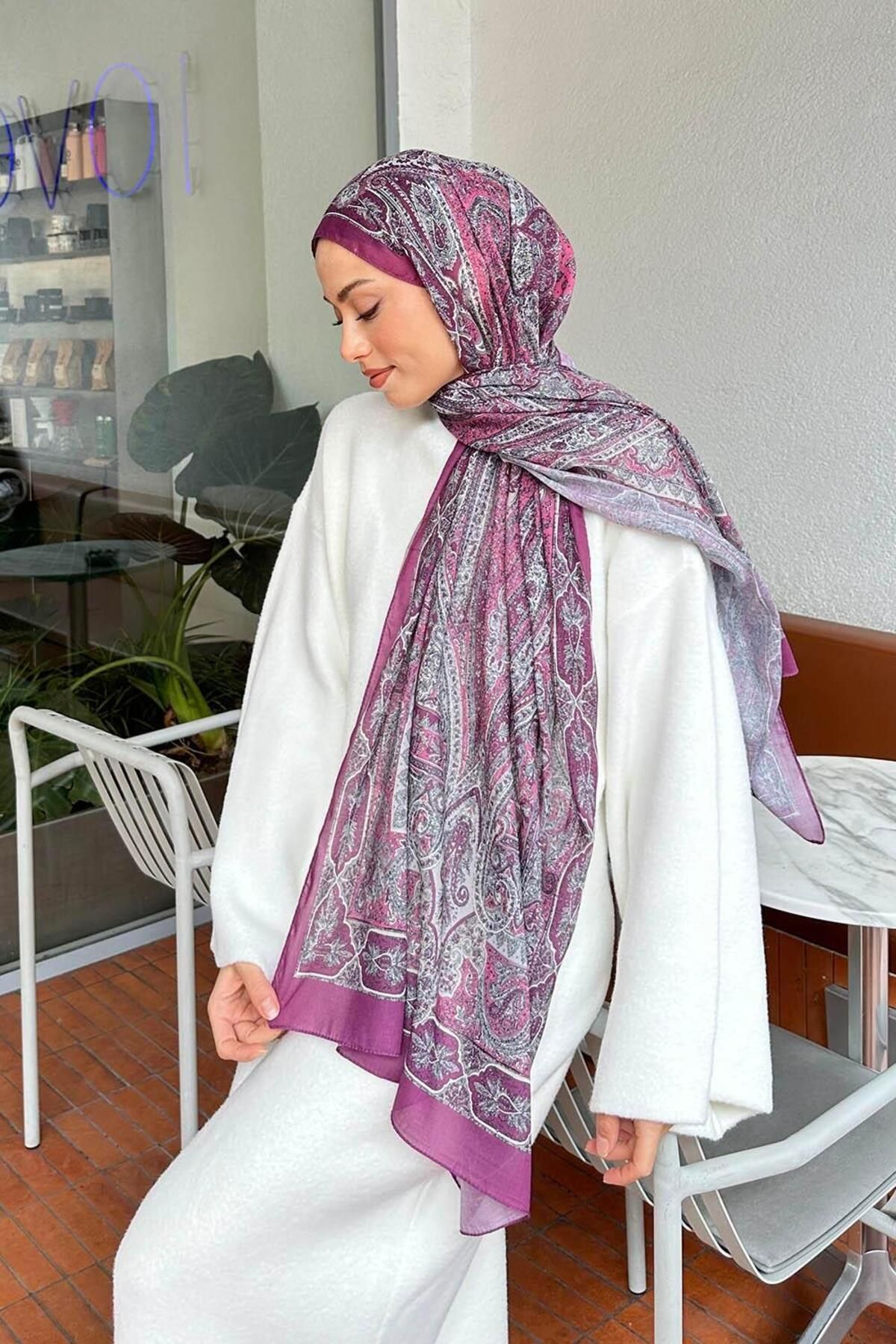 lamelif.com-Cotton Violet - Retro Patterned Shawl 4