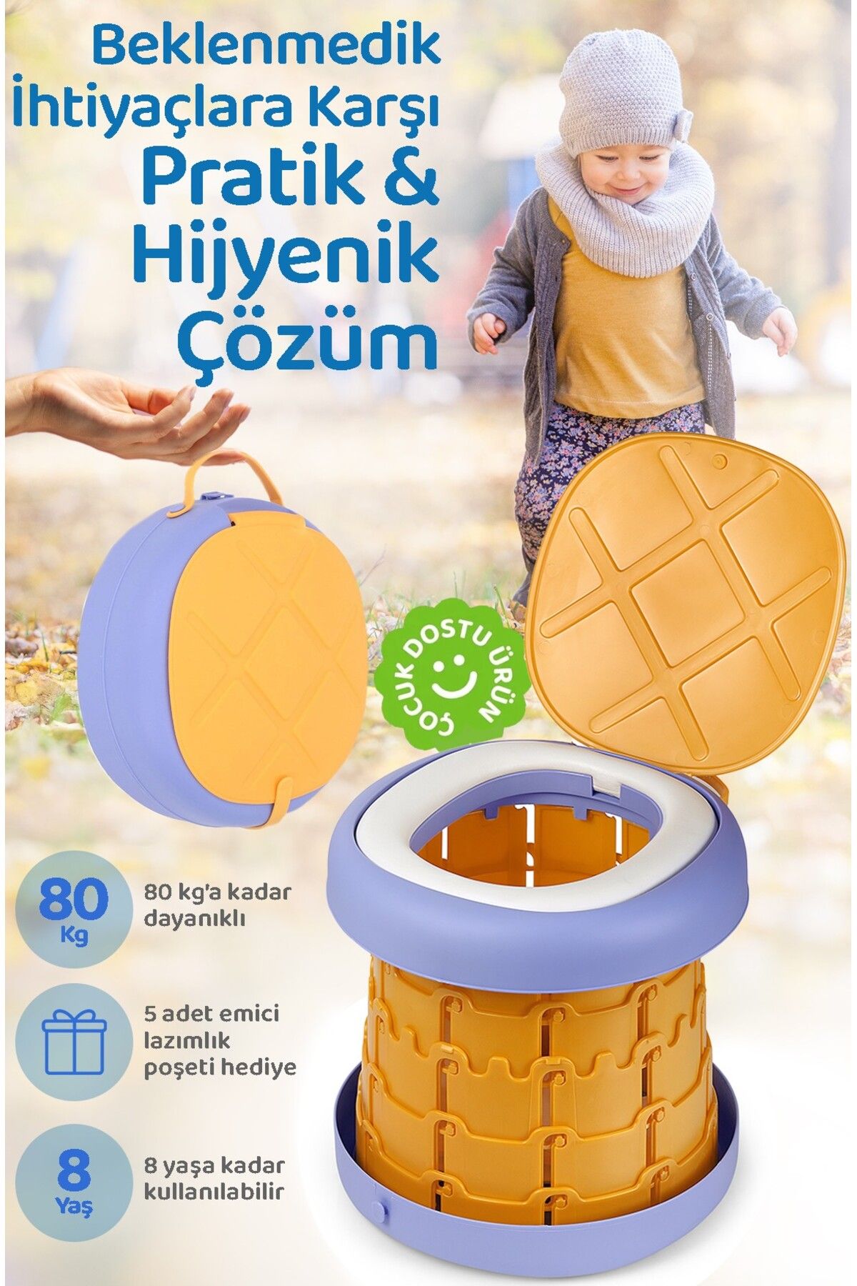 Guqqo Lazımlık Portatif Katlanabilir Taşınabilir Çocuk Tuvaleti, 80kg Taşıma Kapasiteli, Tabure, Sarı