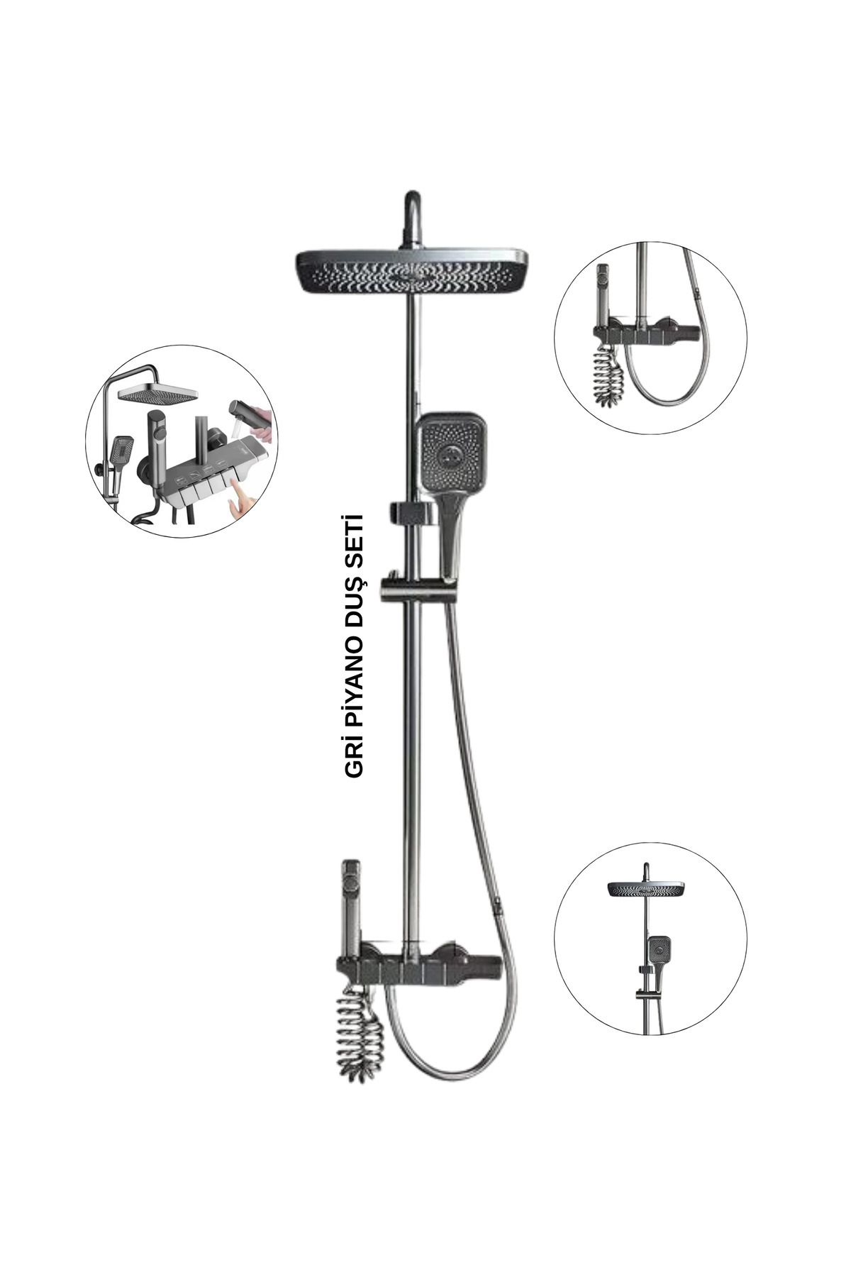 Akdoğan Yapı Ve Hırdavat Lüks Piyano Duş Seti | Gri Modern Tasarım, Spiral El Duşu + Tepe Duş + Jet Fonksiyonlu Tuş Panel