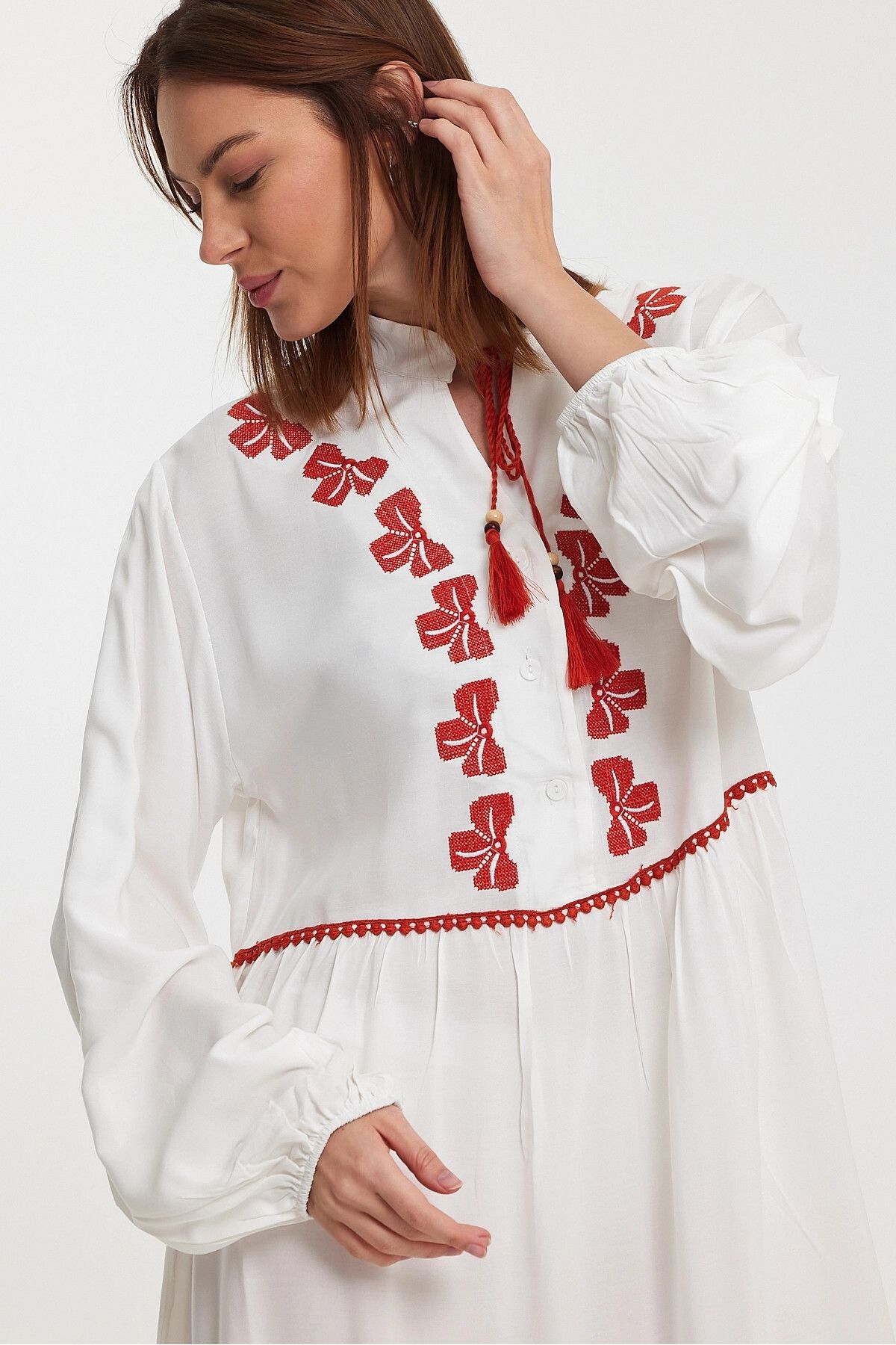 bacc-White Embroidered Long Women's Dress - Woven, Bcvl-241005 2