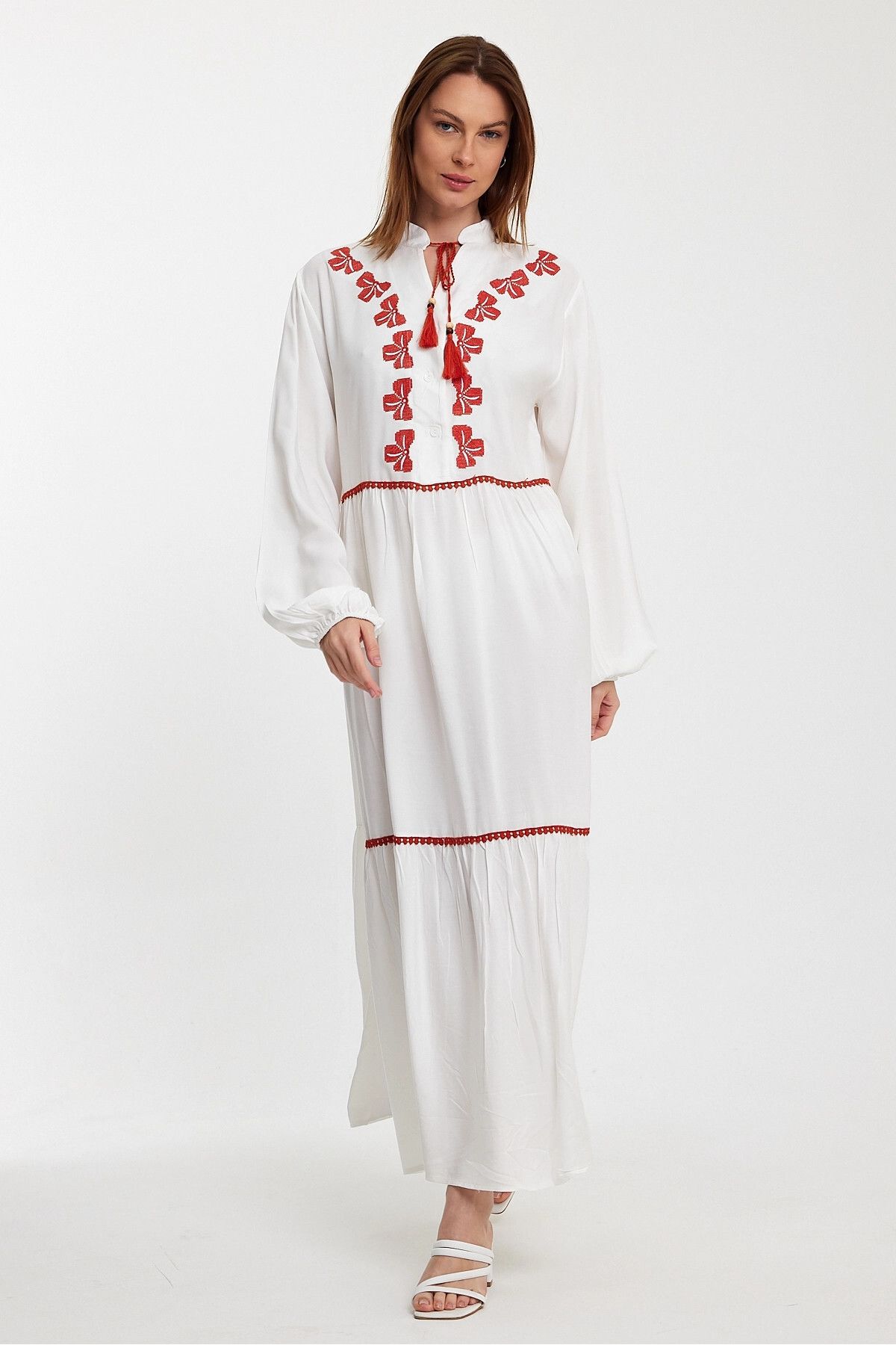 bacc-White Embroidered Long Women's Dress - Woven, Bcvl-241005 3