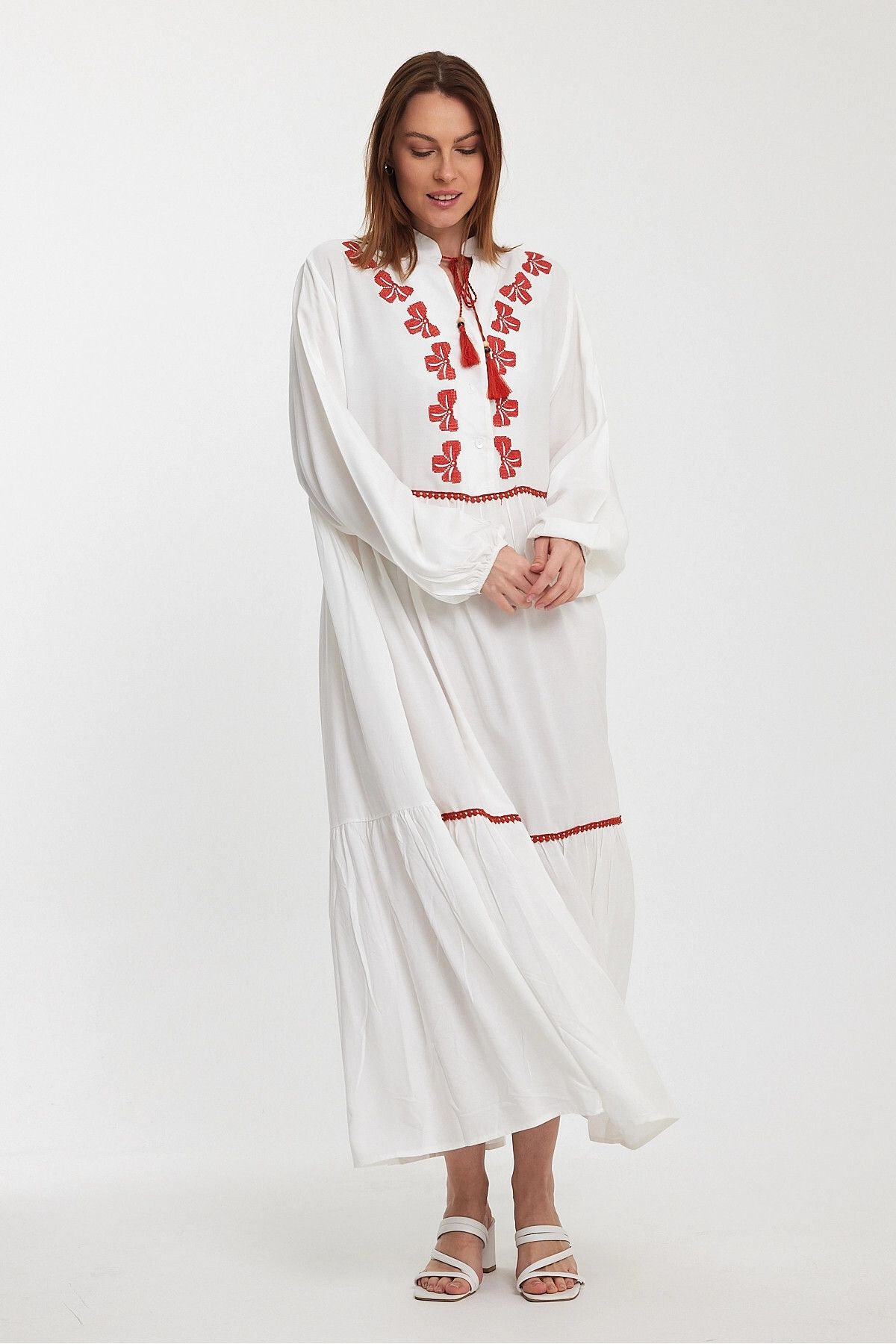 bacc-White Embroidered Long Women's Dress - Woven, Bcvl-241005 6