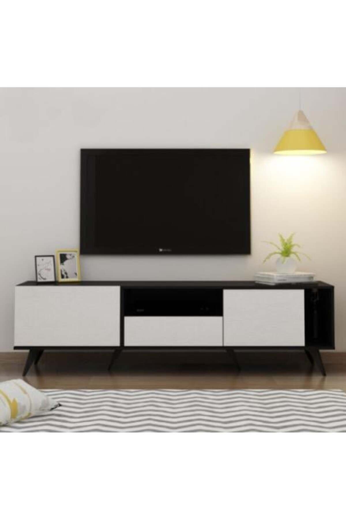 Generic-Rectangular TV Table with Fixed Base, 179 cm, Shelves and Drawers, Made of Malaysian Wood, Black and 1