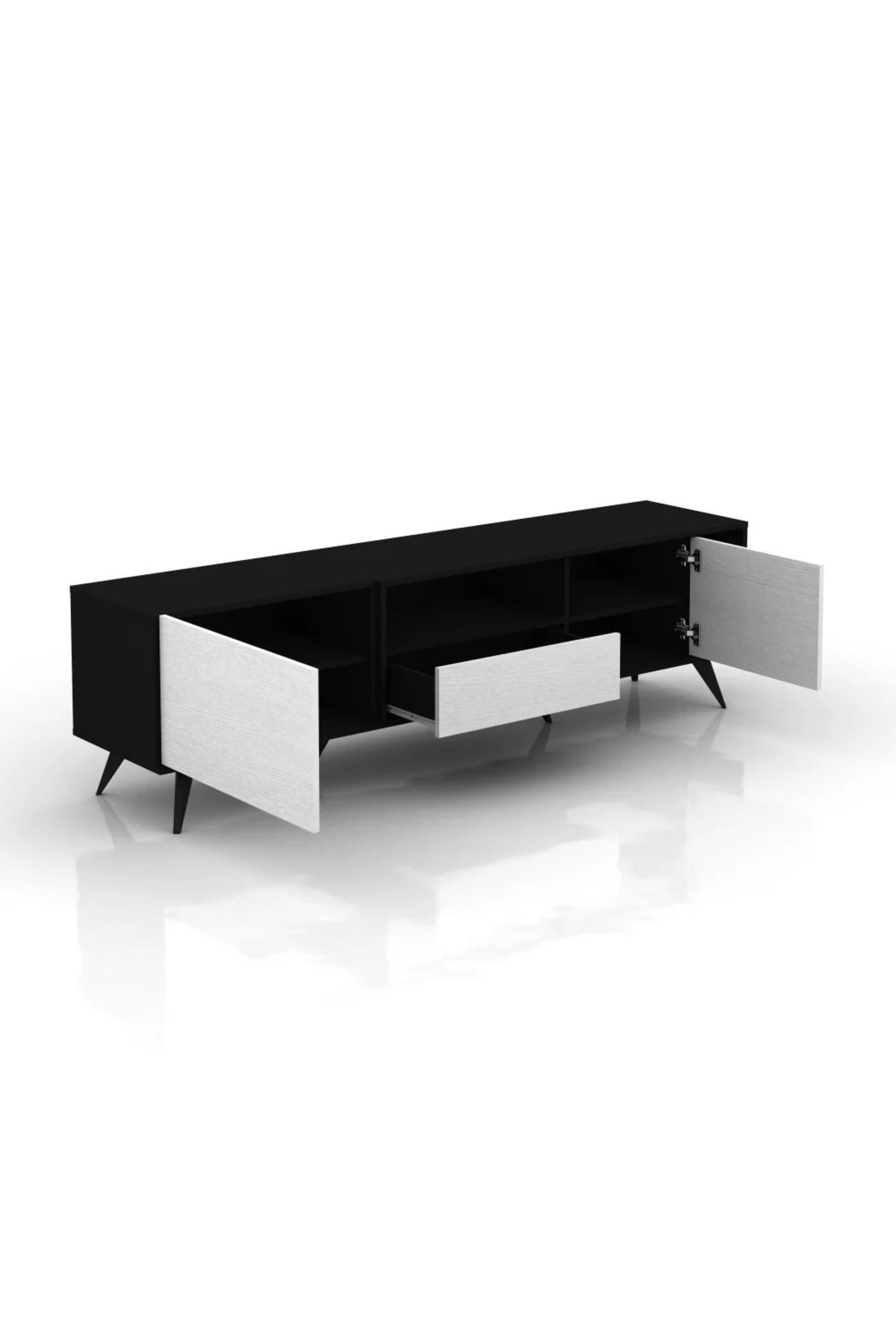 Generic-Rectangular TV Table with Fixed Base, 179 cm, Shelves and Drawers, Made of Malaysian Wood, Black and 4