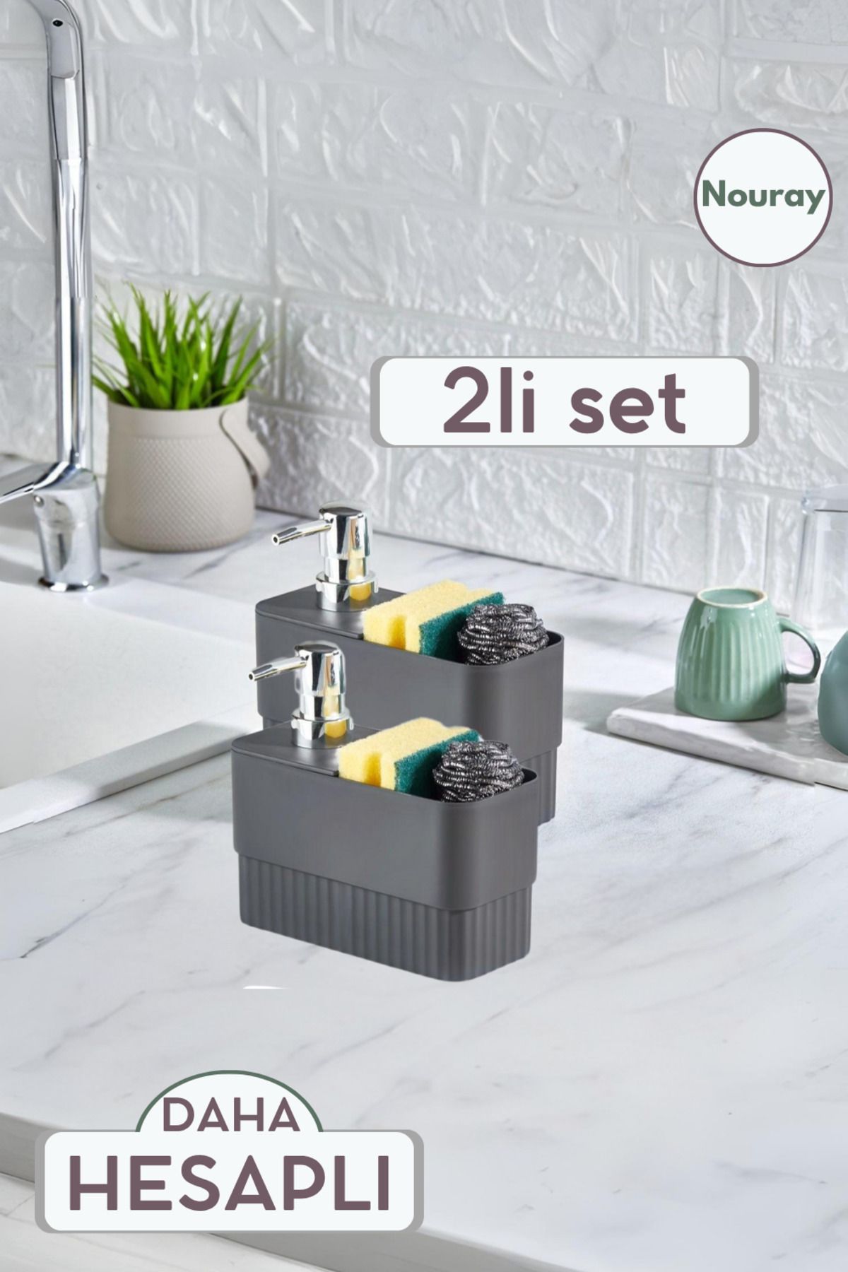 nouray 2Lİ SET 2 bölmeli Pompalı Tezgah Üstü Banyo Mutfak Sıvı Sabunluk Süngerlik.