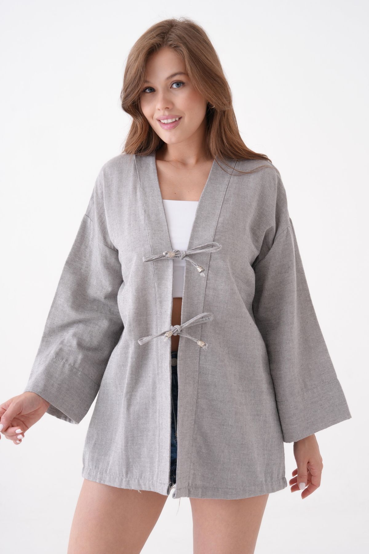 saint majesta Çift Bağlamalı Keten Kimono Kadın – Yazlık Rahat Şık Kimono Ceket SM2025