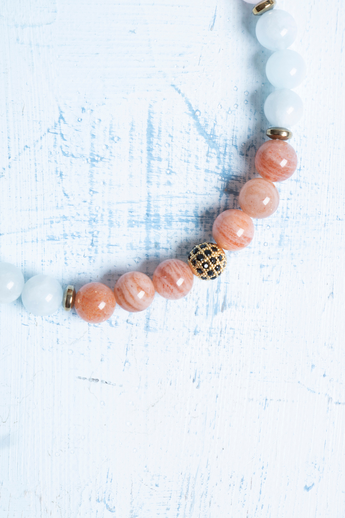 Deniz Doğal Taş-Certified Sunstone Hematite Aquamarine Pink Quartz Moonstone Libra Sign Bracelet 3