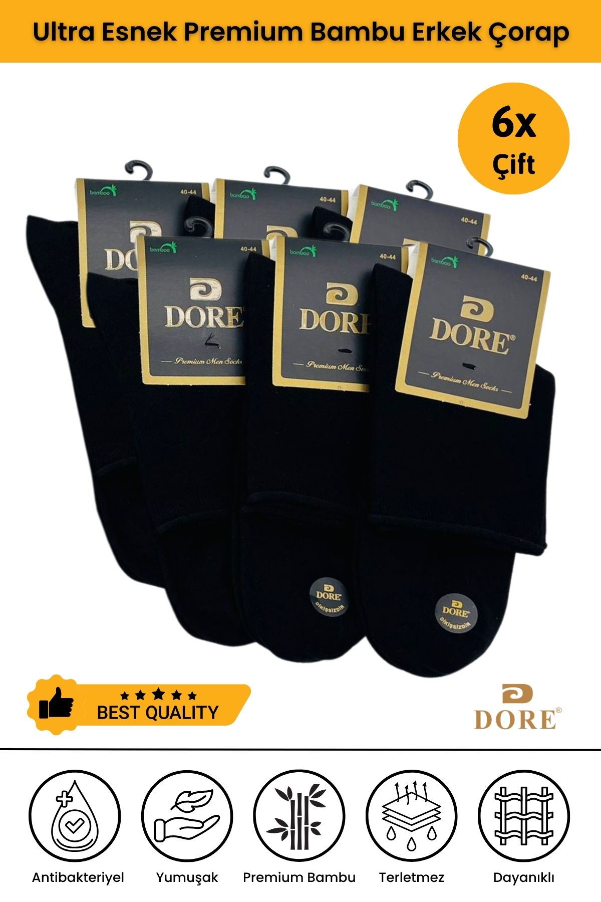 Dore Orijinal Erkek 6 Çift Premium Bambu Lastiksiz Dikişsiz Esnek Konfor Modeli Yarım Konç Soket Çorap