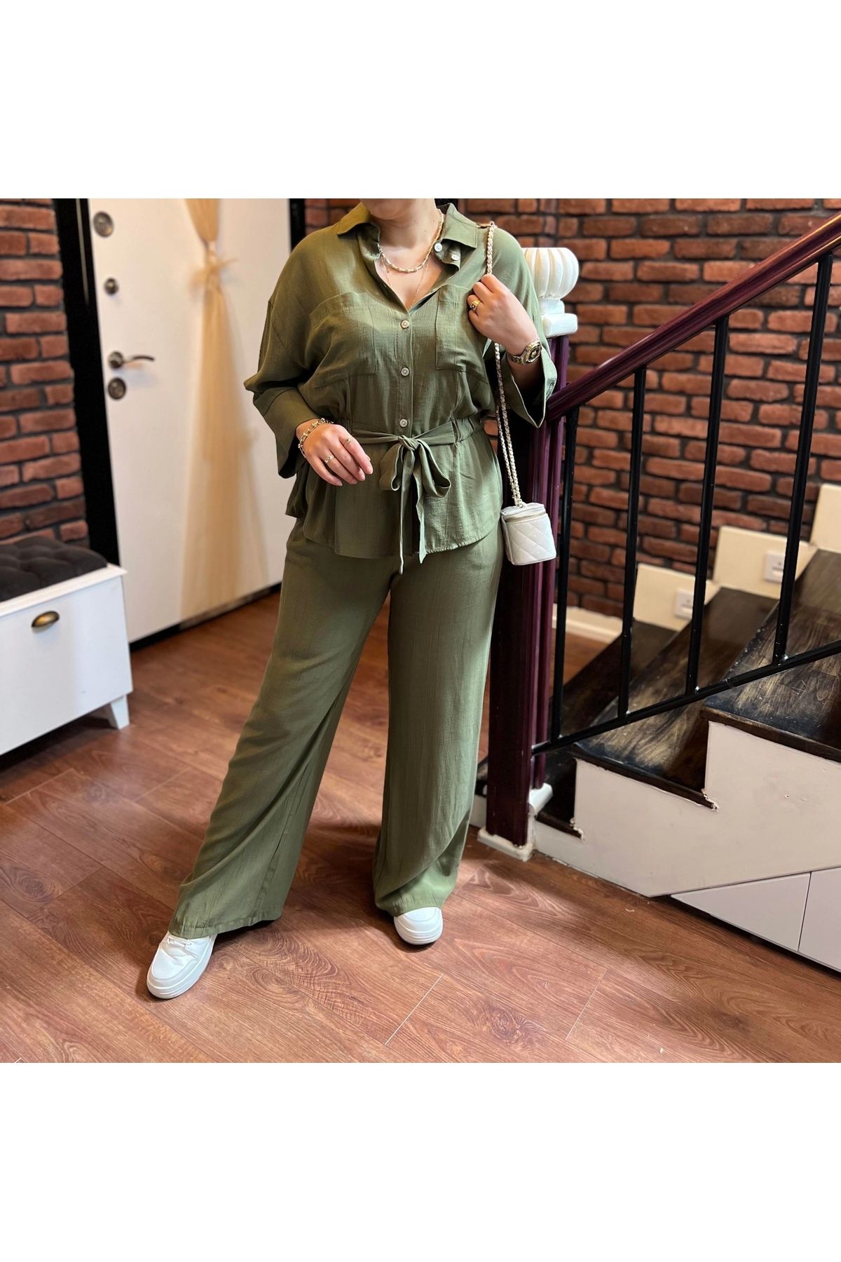 Selence Beli lastikli kuşak detaylı pamuklu gömlek takım haki