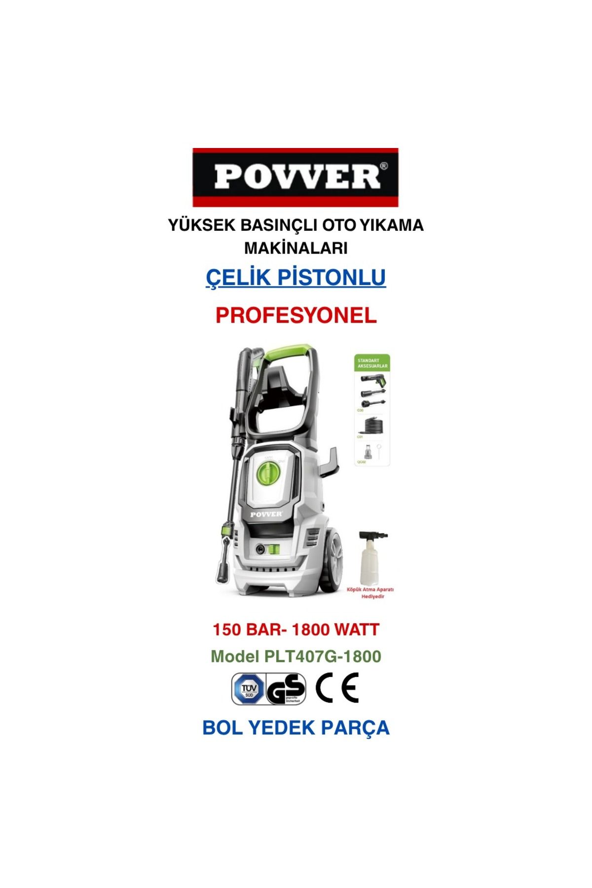 POWER Profesyonel İndüksiyon Motorlu Yüksek Basınçlı Yıkama Makinası (1800 W-150 BAR) Köpük Aparatı