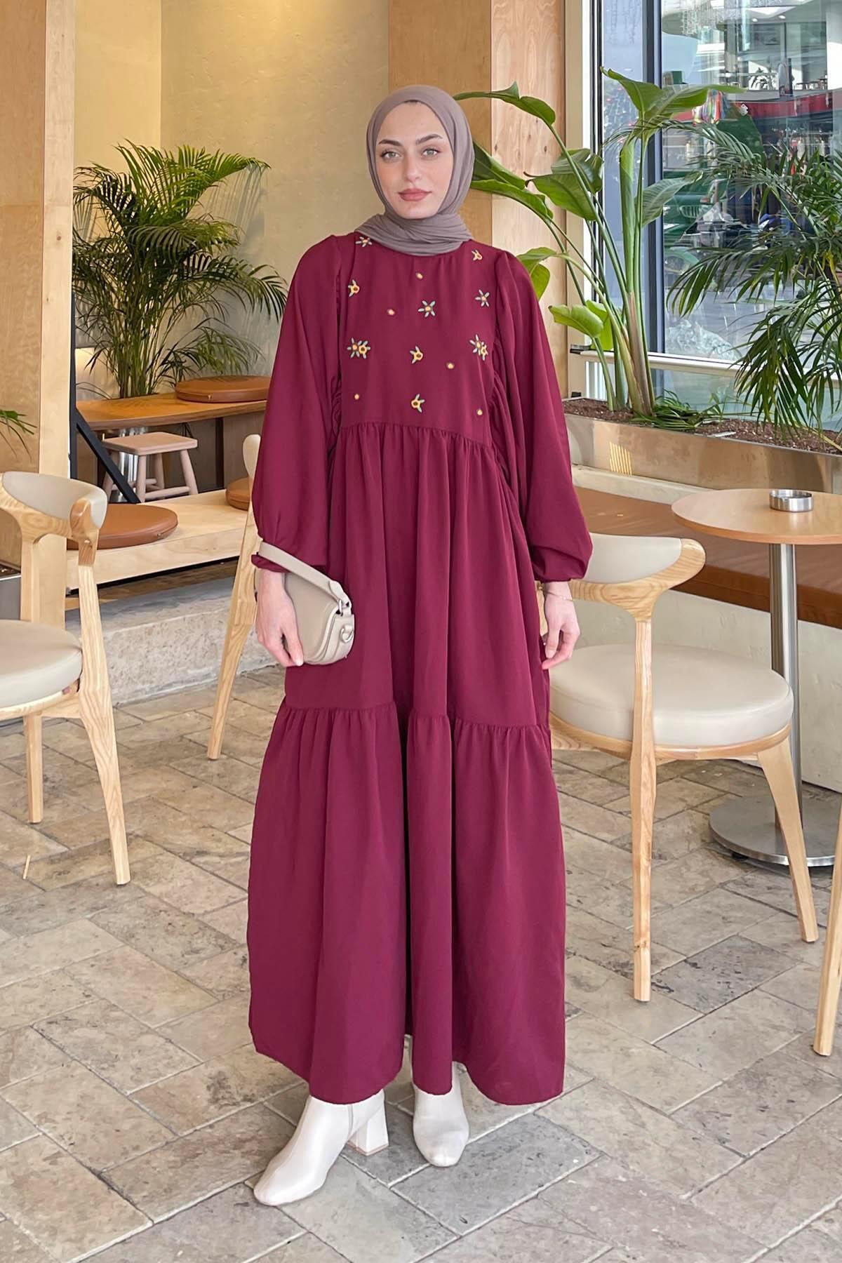 lamelif Burgundy Elica Summer Dress