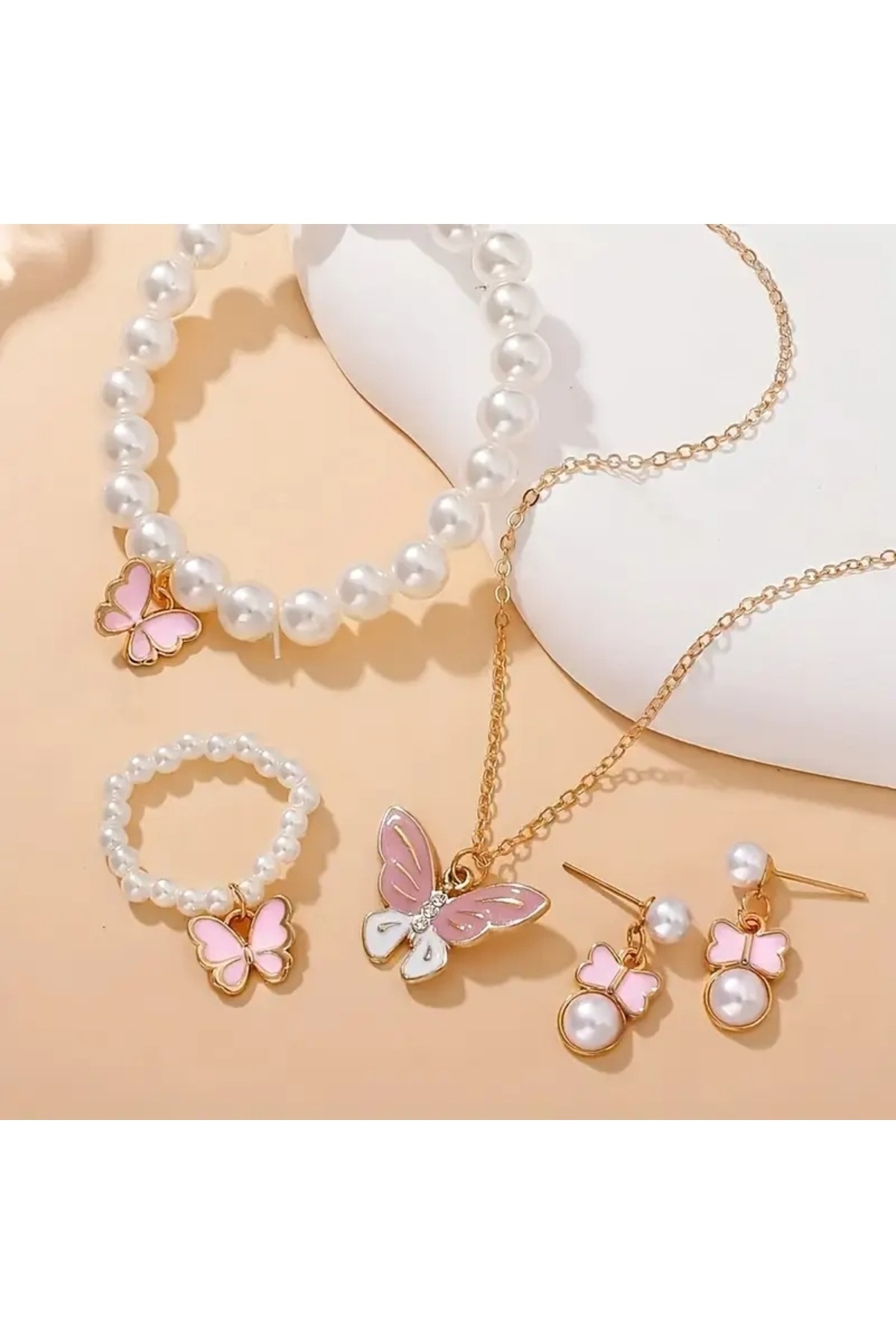 GlassySKY Kelebek Temalı Kolye Bileklik Küpe Takı Seti