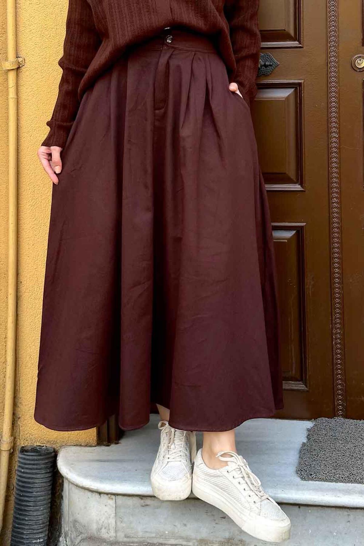 Lamelif  Cep Detaylı Kloş Keten Etek Acı Kahverengi - Görsel 3