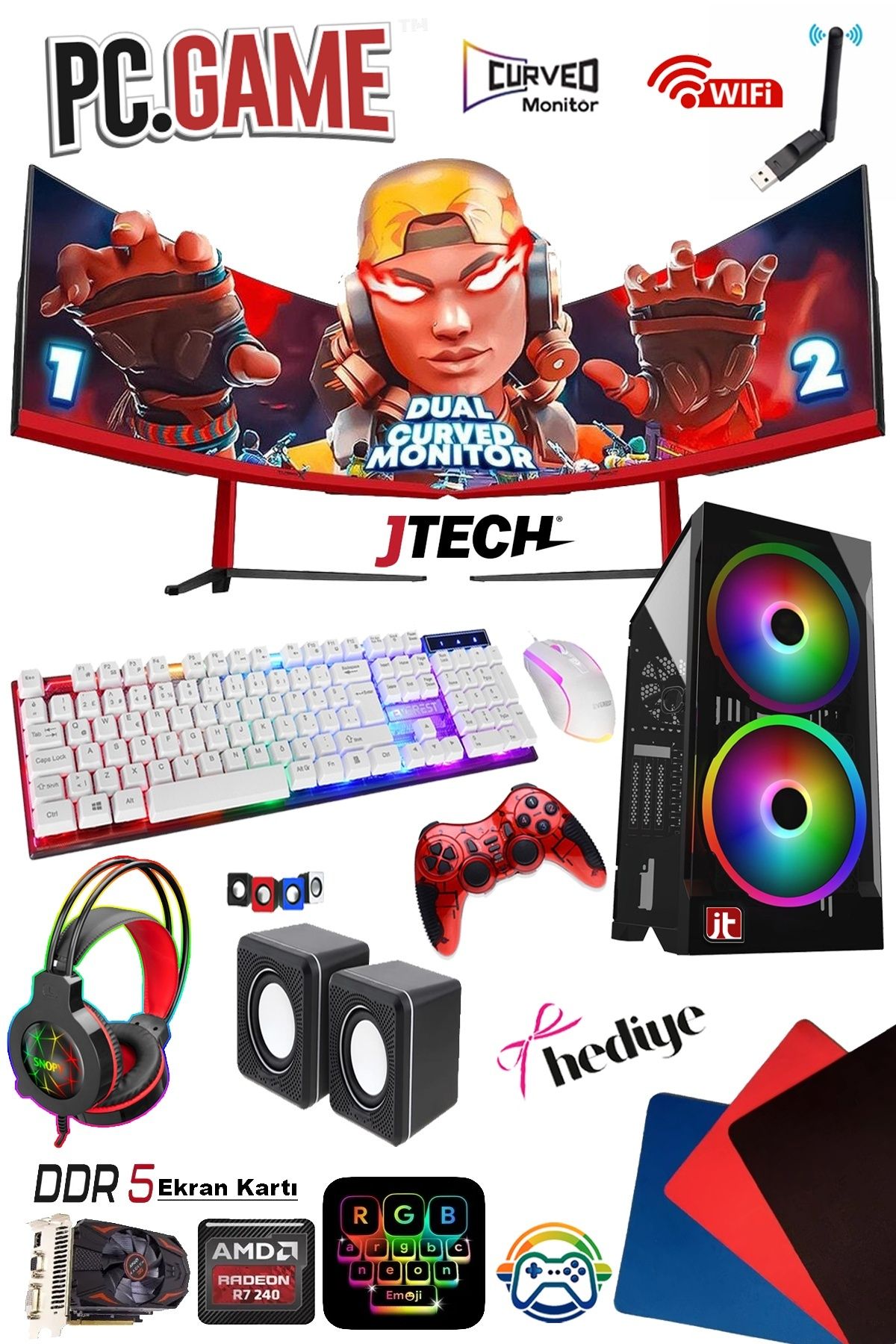 J-TECH Dual i5-2300 3.10GHz 16GB RAM 256GB SSD 4GB DDR5 R7 EKRAN KARTI 24" Çift Curved Gaming PC