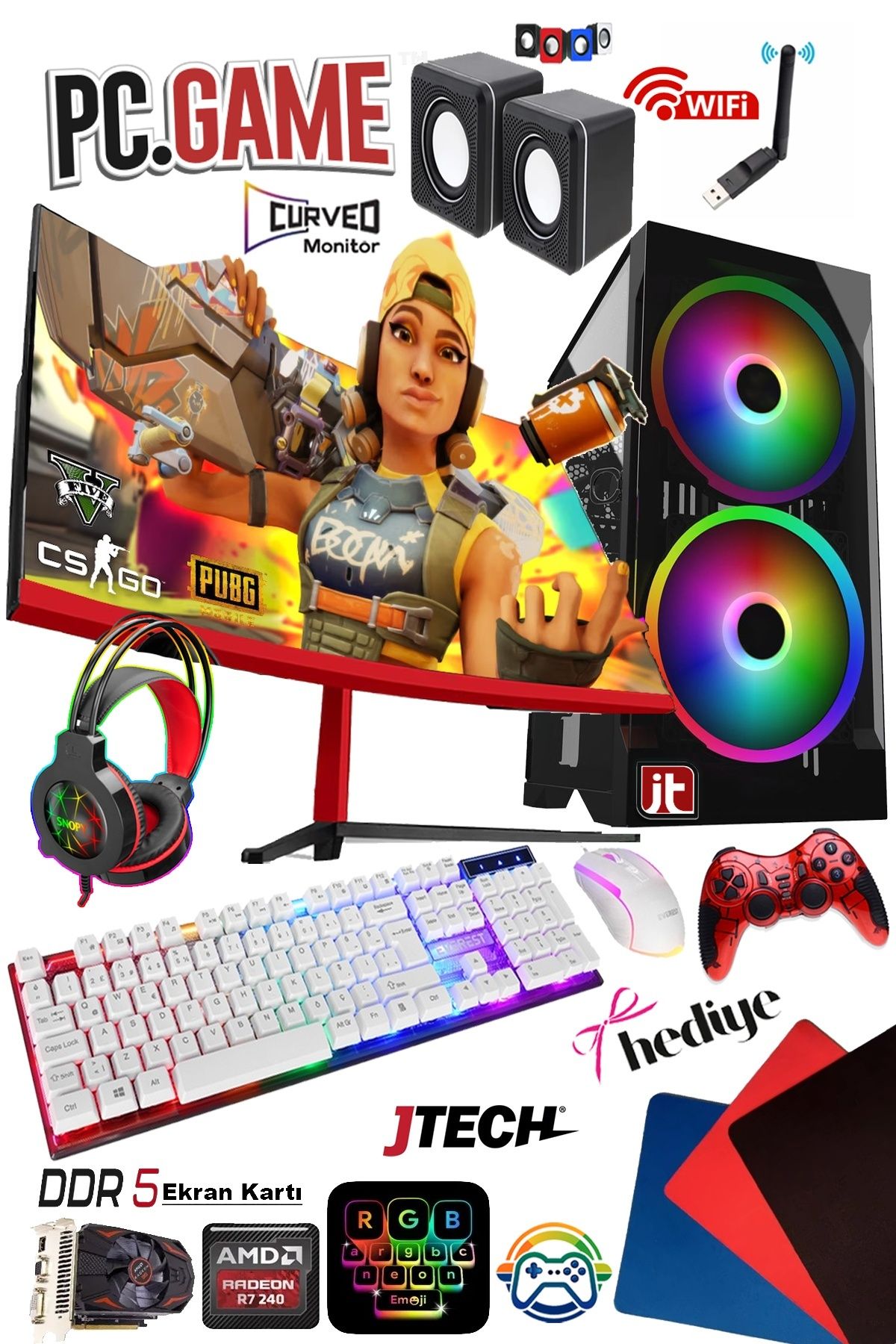 J-TECH Relative i5-2300 3.10GHz 16GB RAM 2TB SSD 4GB DDR5 R7 EKRAN KARTI 24" Curved Oyuncu Bilgisayarı