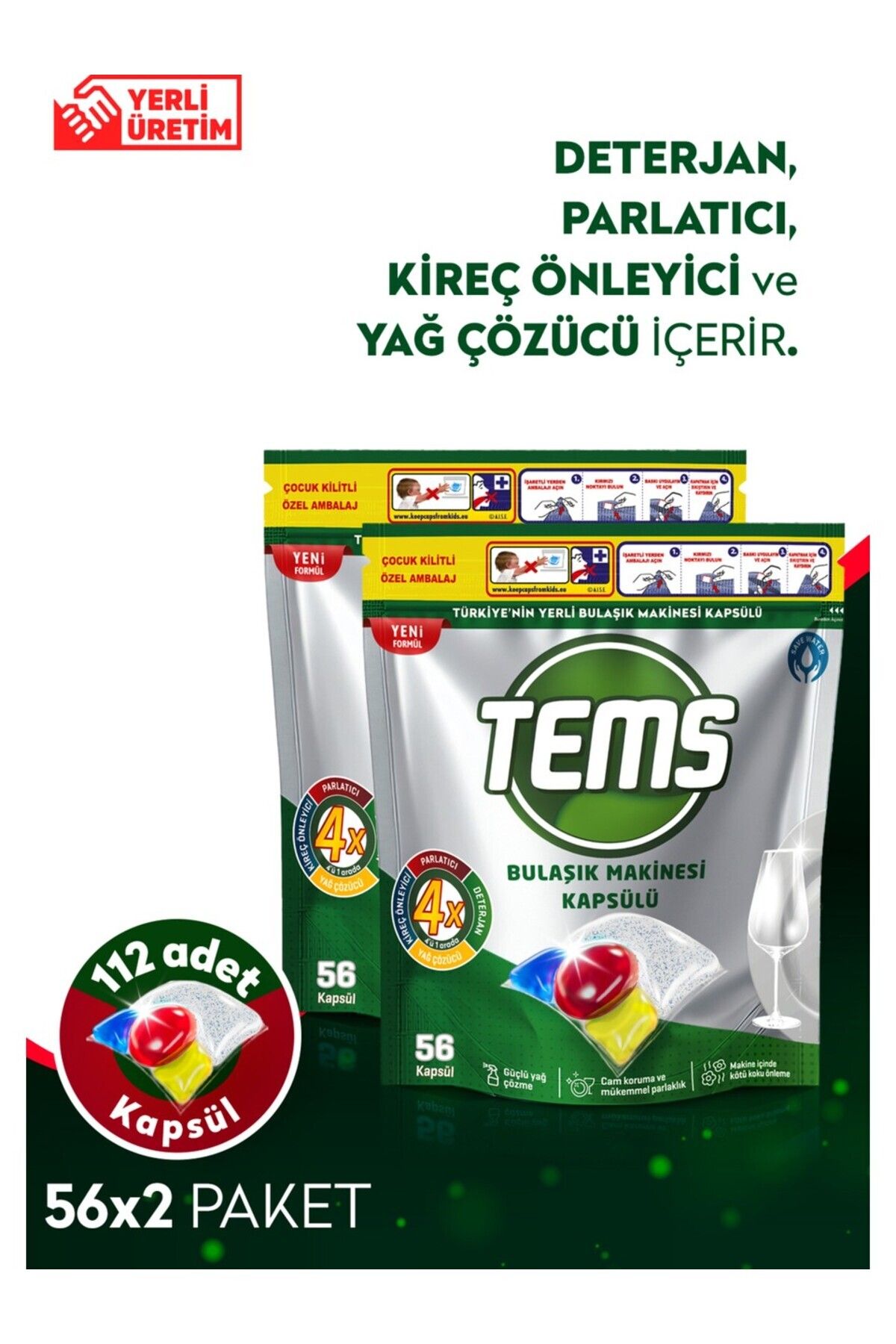 TEMS 4 Etkili Bulaşık Makinesi Kapsül Deterjanı 2x56 Adet