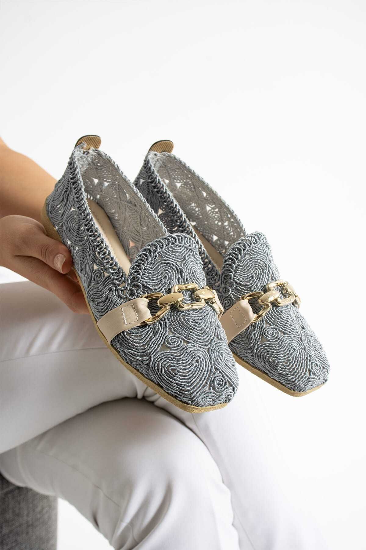 Scarpebutik Kalpli Dantel Örme Mavi toka Detaylı kadın babet