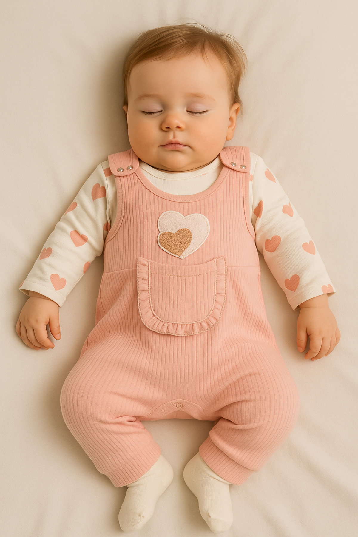 NAFİTTO Kalpli Kız Bebek Tulum 3’lü Tulum Seti – Kollu Zıbın, Cepli Tulum ve Çorap | 3-6-9 Ay Bebek Kıyafeti fotoğrafı 5 (önizleme)
