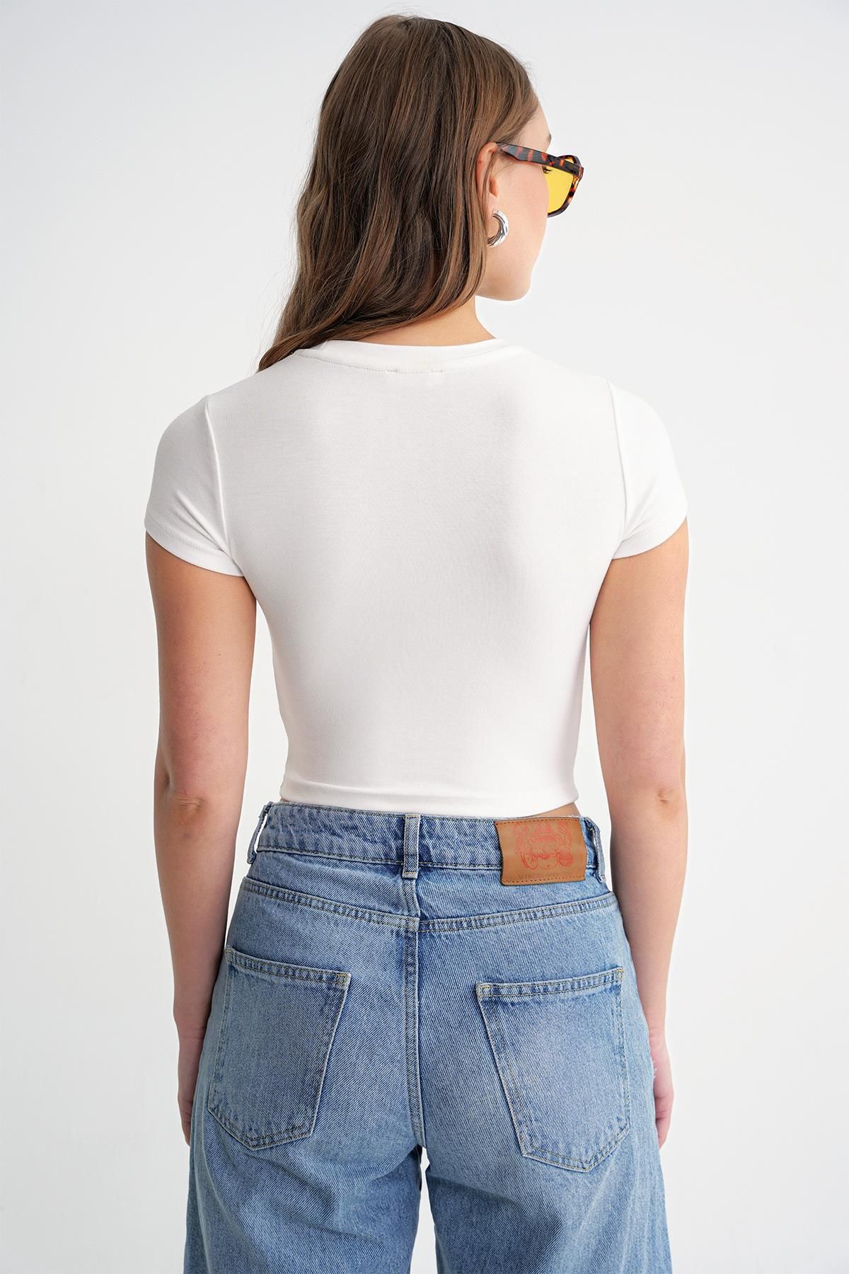 Mixray-2011 Γυναικείο T-Shirt Slim Fit Basic Crop Λευκό 7