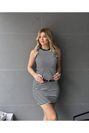 Butik Elmas Kadın Kaşkorse Kumaş Siyah Beyaz Çizgili Askılı Rahat Tam Kalıp G...