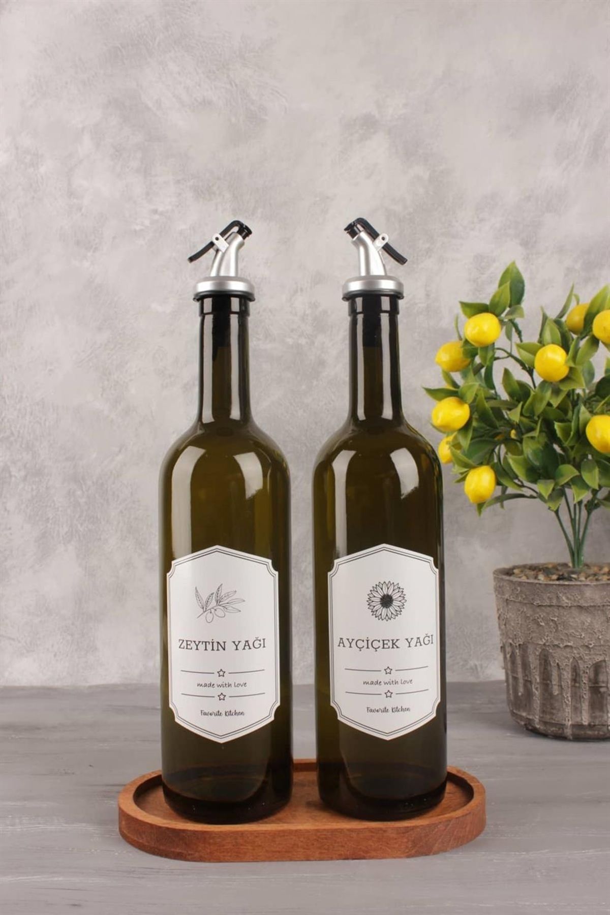 CİHO Ahşap Stantlı Amber 2'li 750 Ml Zeytinyağı Sıvıyağ Şişesi Yağdanlık Yağlık Cam Şişe
