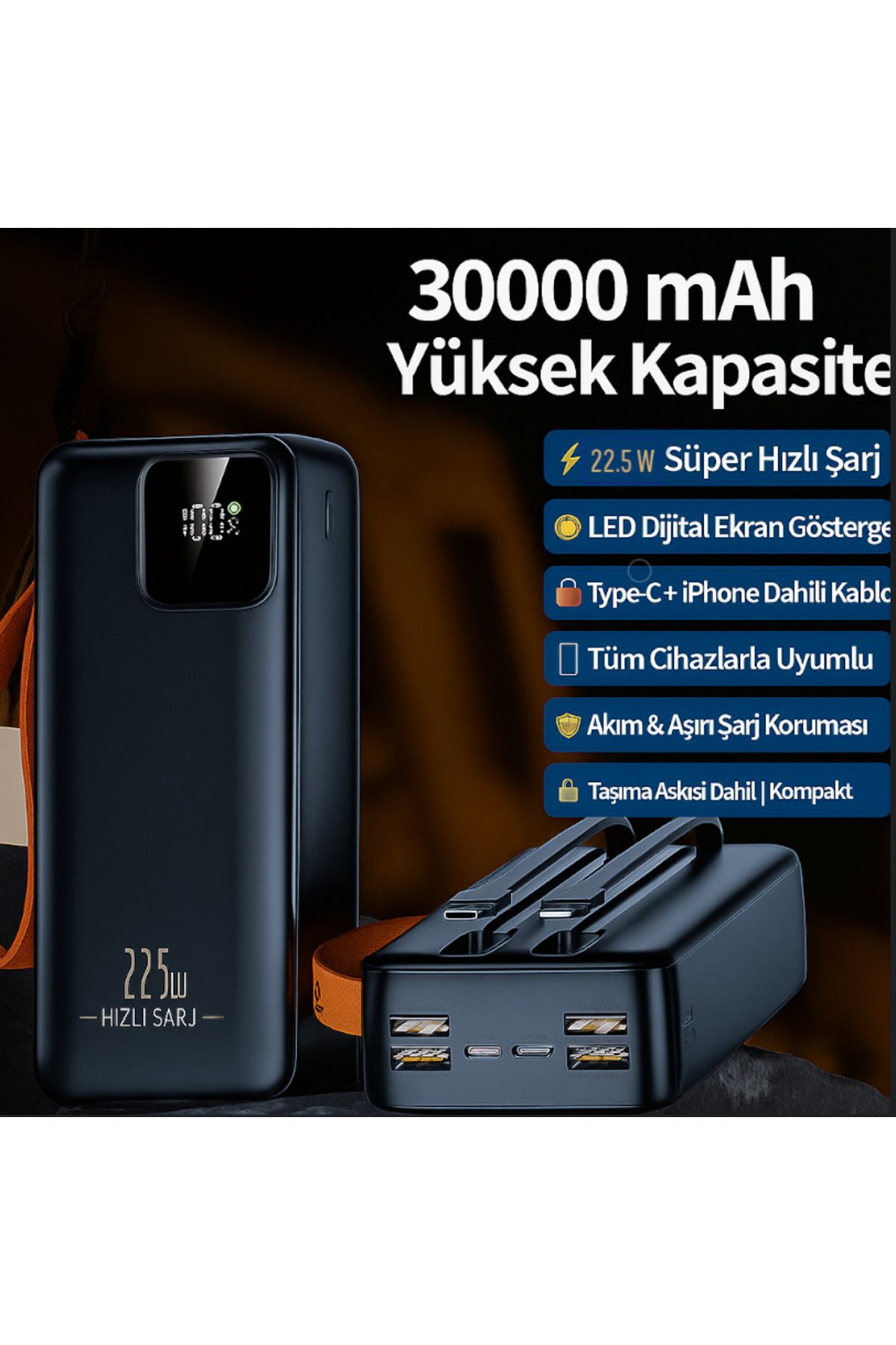 Kılıforyum 30000 mAh Powerbank | 22.5W Süper Hızlı Şarj | LED Ekran | Dahili Type-C + iPhone Kablo