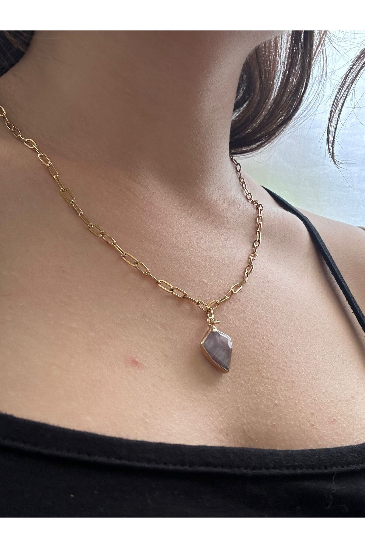 soleah Ametist Doğal Taşlı Çelik Zincirli Kolye 45cm