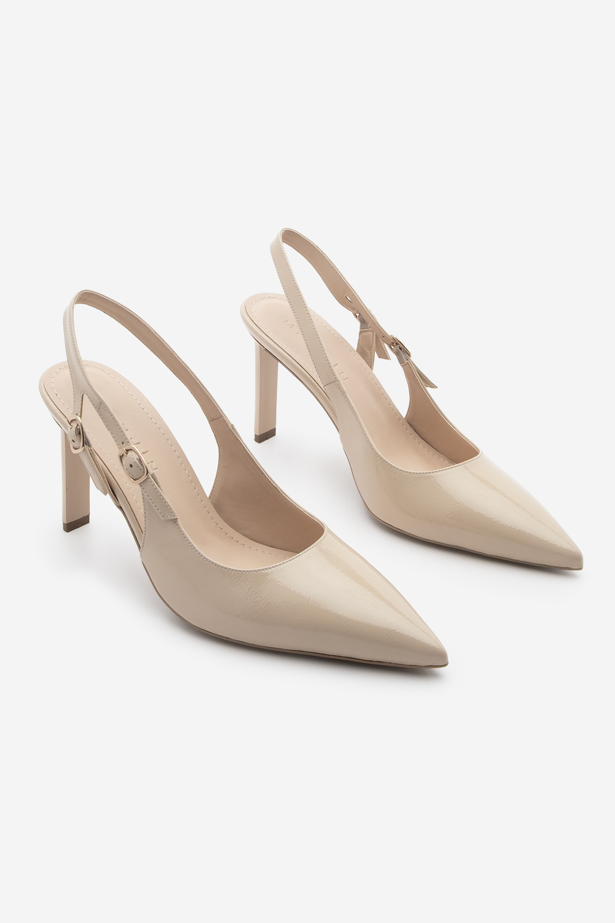 Marjin-Women's Stiletto Pointed Toe Open Back Scarf Buckle Heeled Shoes Pelovi Beige Patent Leather 5
