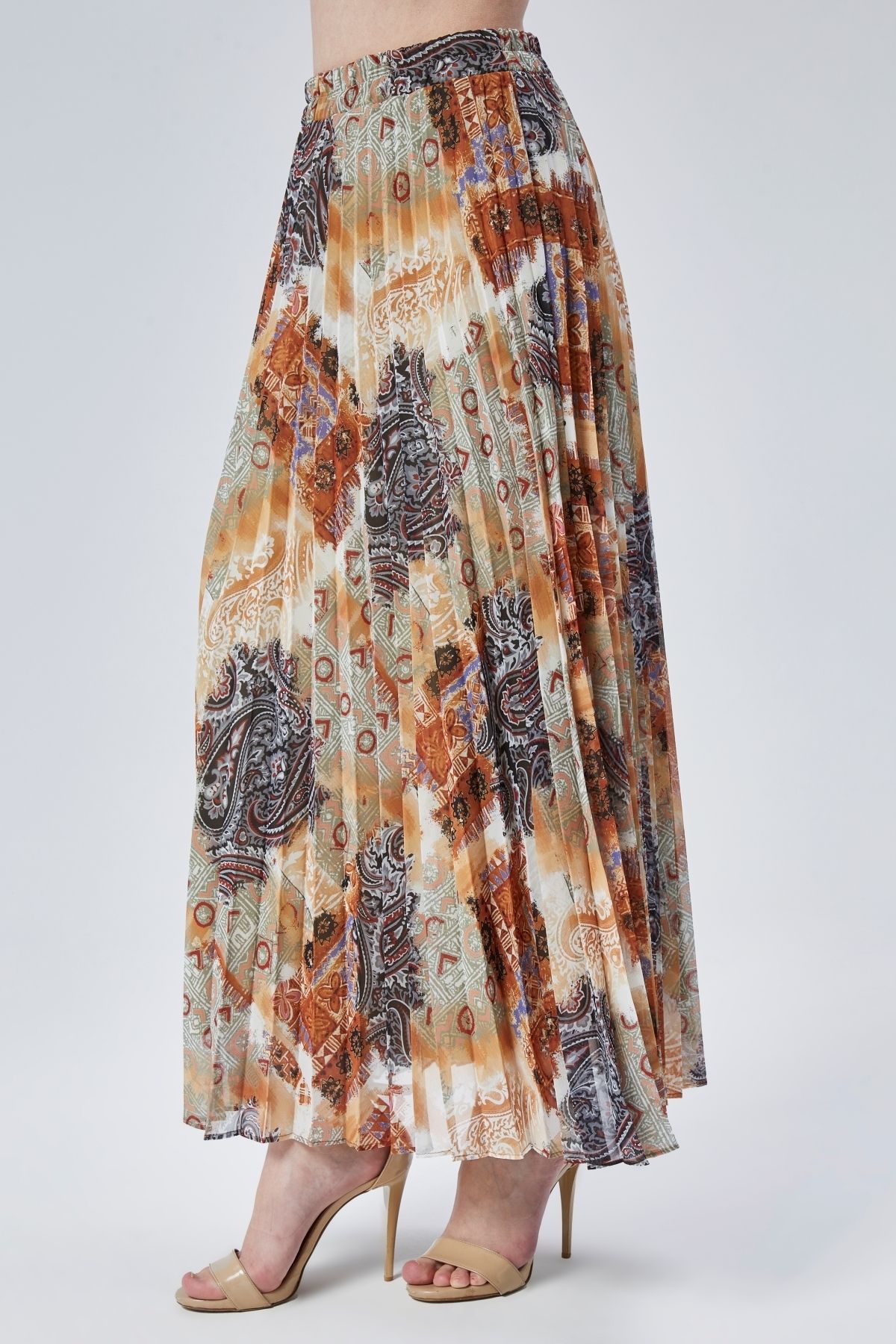 Modabenna-Patterned Lined Pleated Chiffon Skirt with Elastic Waist Pleated 2
