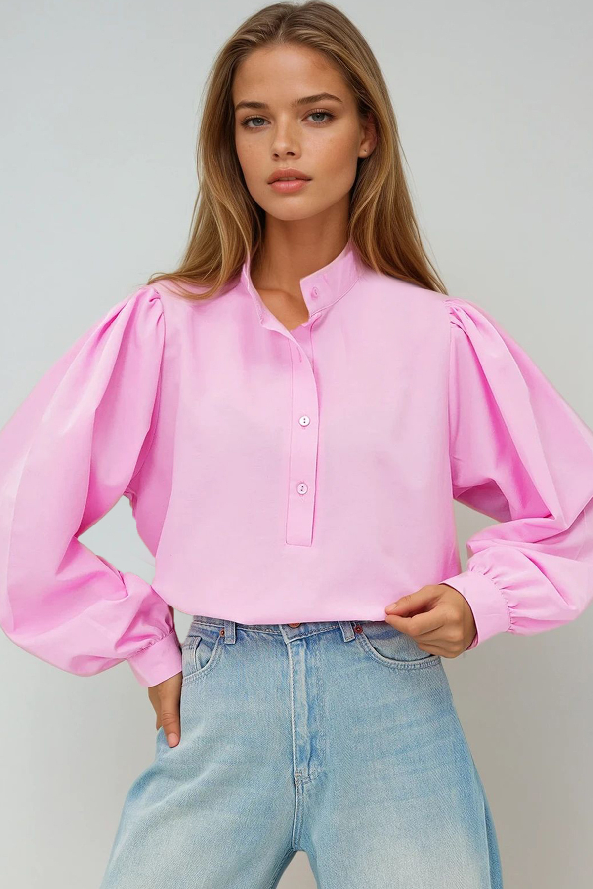 VAGGON Dámská růžová halenka s límečkem s knoflíkem vpředu s balonovým rukávem Popelínová tkaná halenka Prm0577