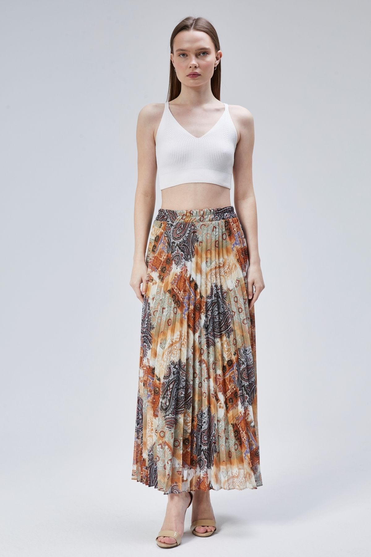 Modabenna-Patterned Lined Pleated Chiffon Skirt with Elastic Waist Pleated 3