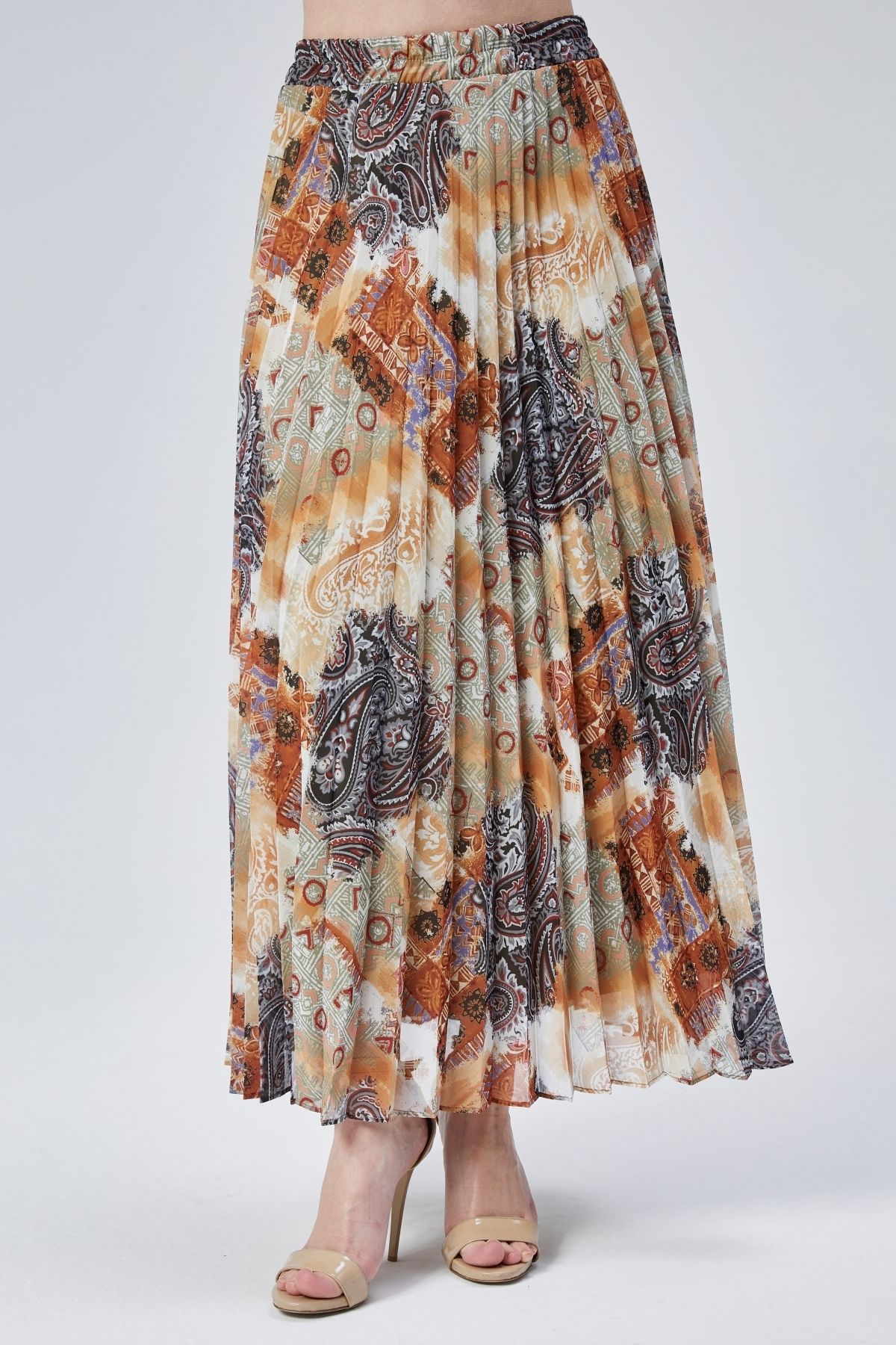 Modabenna-Patterned Lined Pleated Chiffon Skirt with Elastic Waist Pleated 5