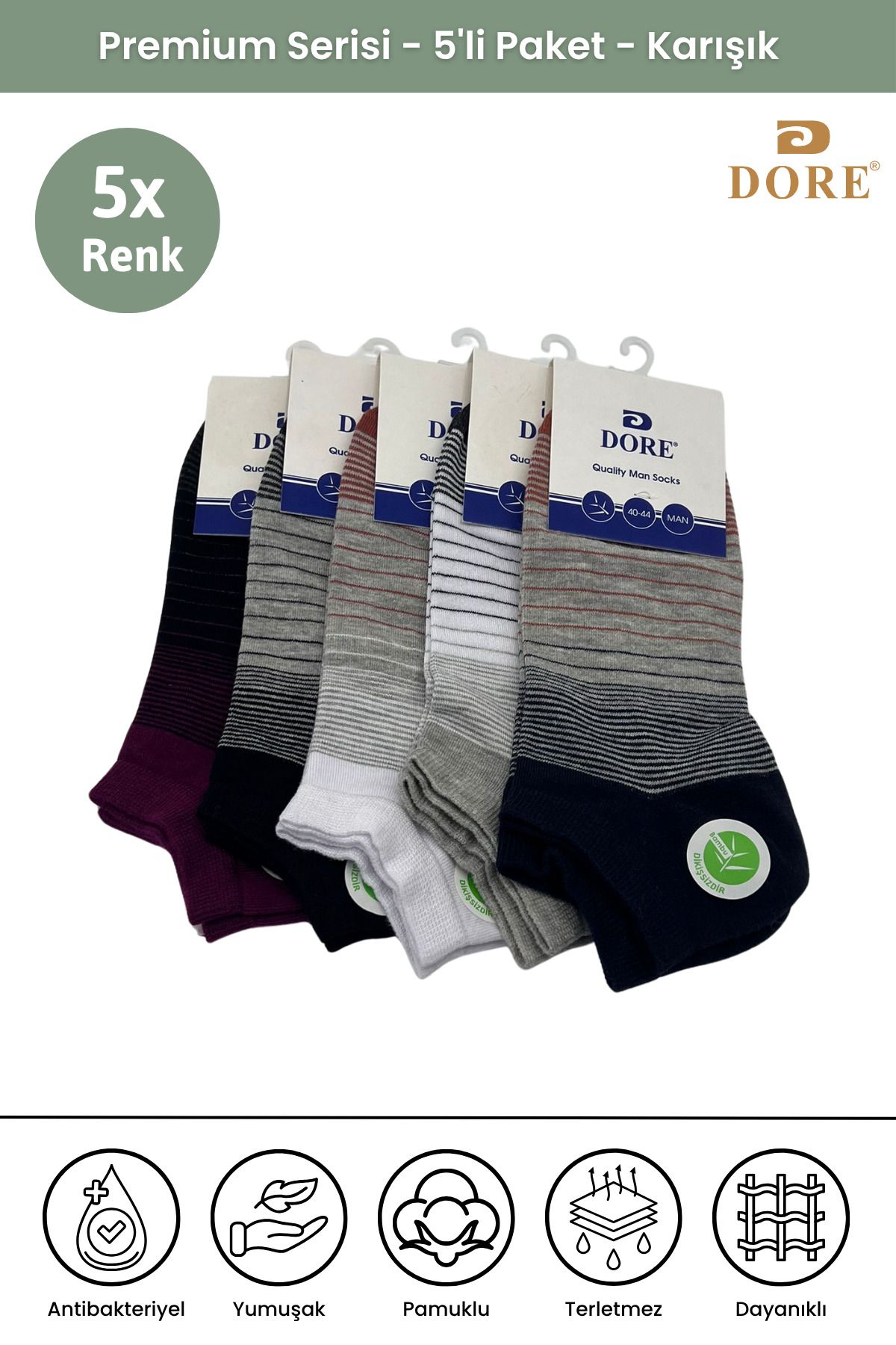 Dore Orijinal 5 Çift Premium Terletmeyen Konfor Modeli Nefes Alan Dikişsiz Çizgili Yazlık Patik Çorap