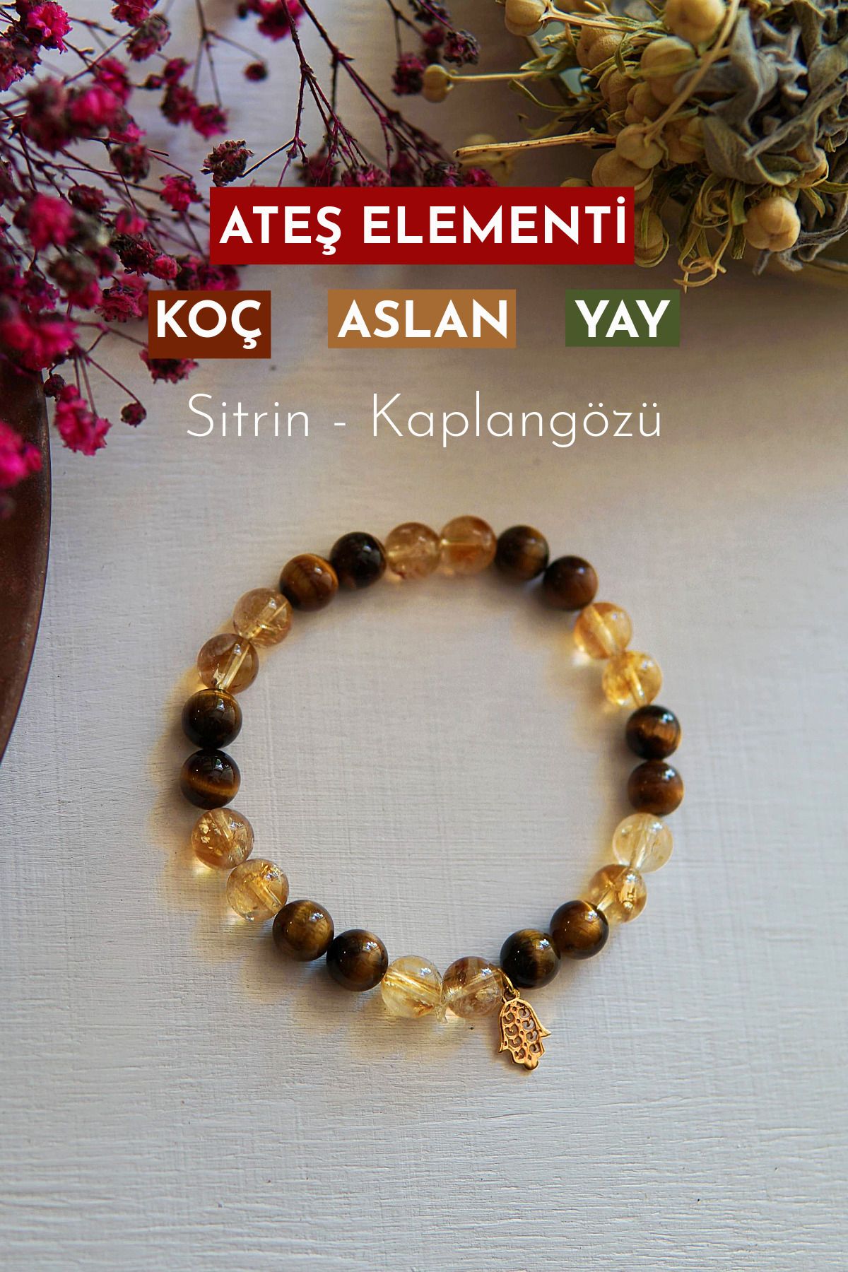 Orenda Design Sitrin Kaplan Gözü Doğal Taş Bileklik – Bereket ve Cesaret | Ateş Grubu Burçlar: Koç Aslan Yay