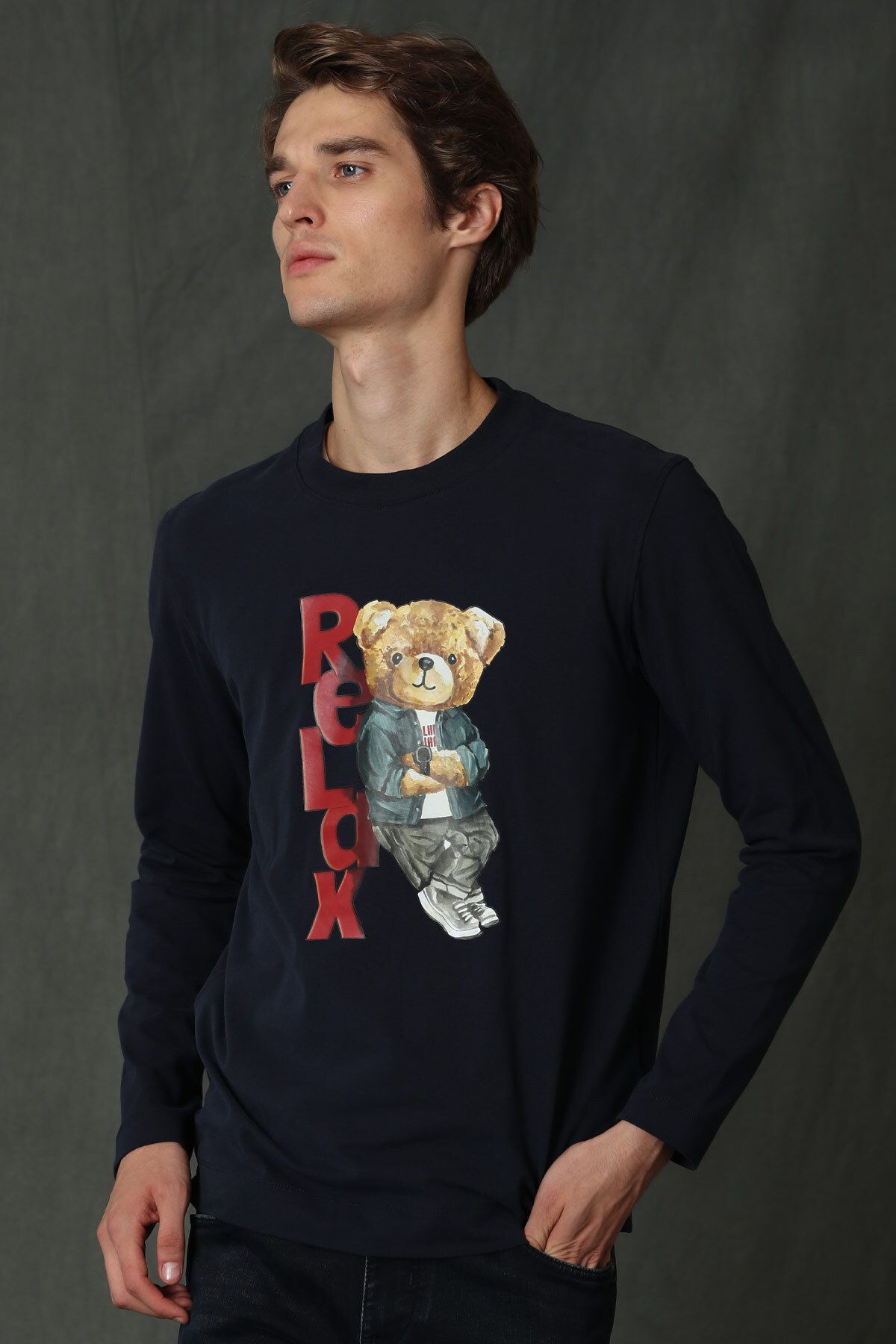 تی شرت آبی مردانه آستین بلند Dominic T shirt Navy Blue Lufian