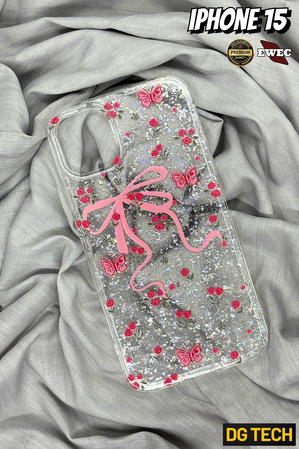 iPhone 15 Compatible Pink Bow and Butterfly Glitter Transparent Glitter Premium Phone Case