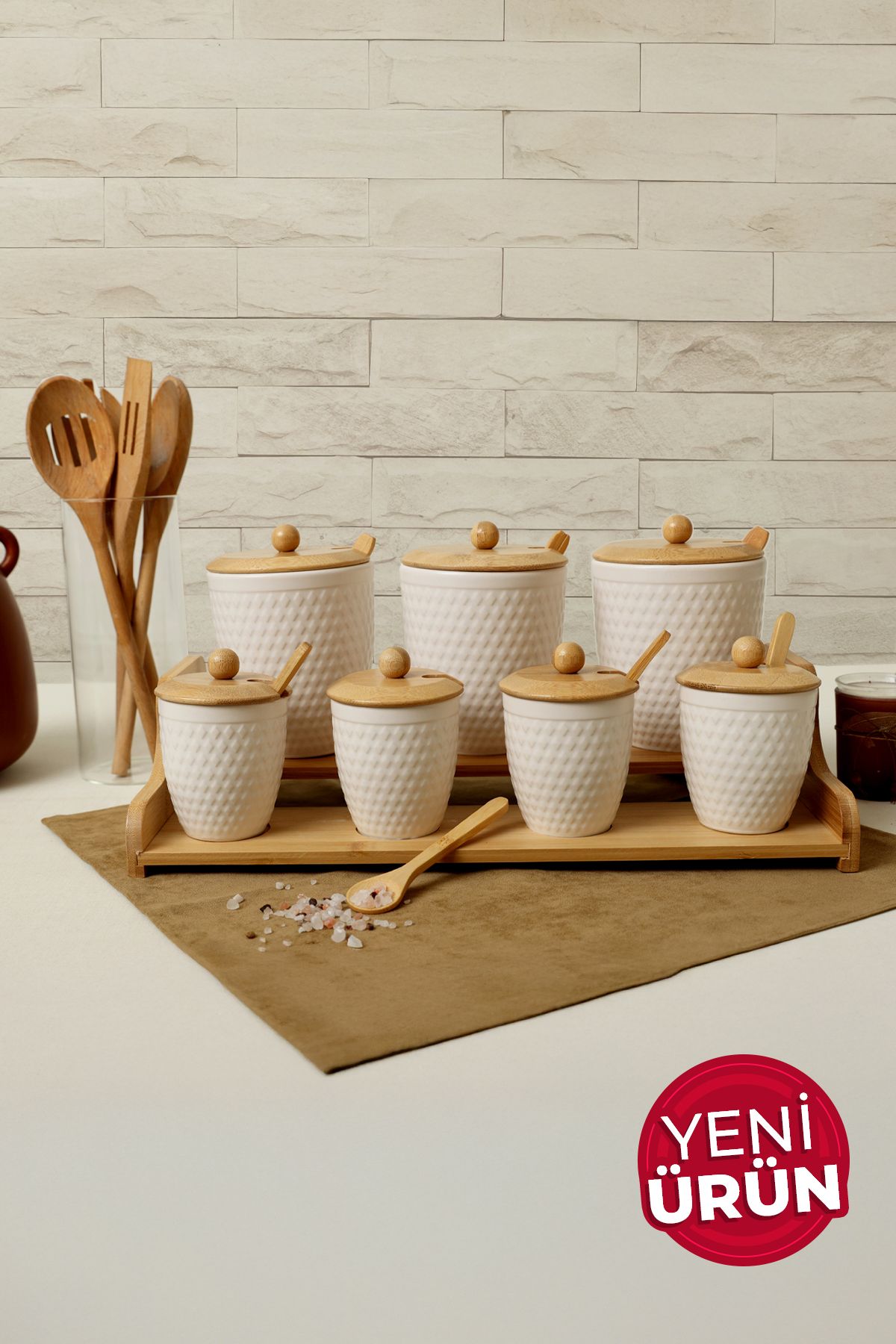 Keramika Bambu Standlı 7 Parça Baharat Seti Tutku 1419