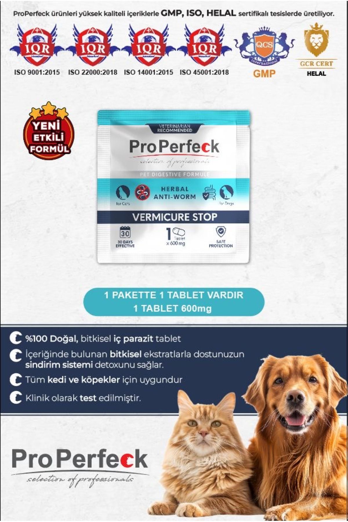 pro perfeck Bitkisel Parazit Kedi Ve Köpek Tablet Vermicure Stop Herbal Anti-Worm 1 Adet