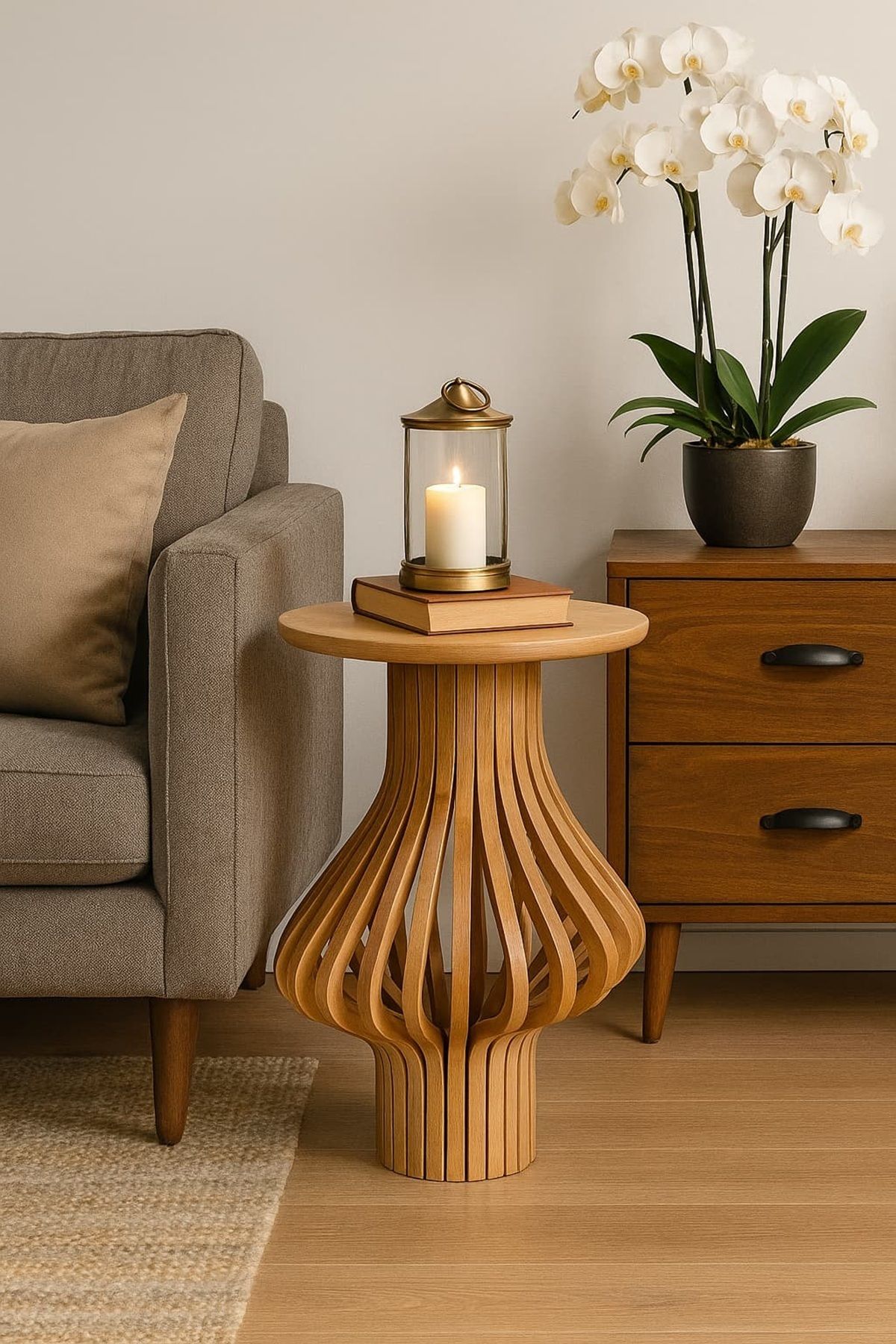 Onouqo Palermo Yuvarlak Modern Klasik Rustik Retro Vintage Naturel Dekoratif Ahşap Çıtalı Yan Mantar Sehpa
