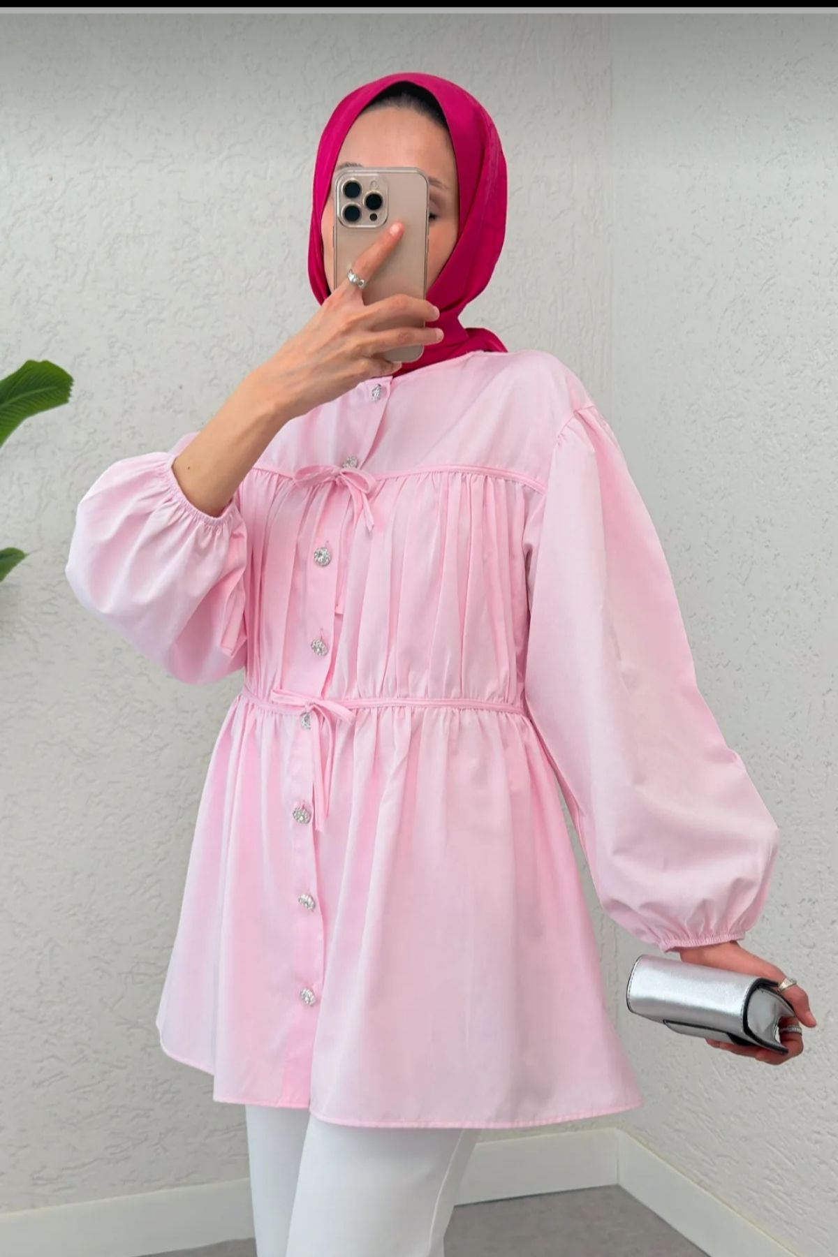 Safgiyim44 Büzgülü Bağcıklı Tunik Pembe