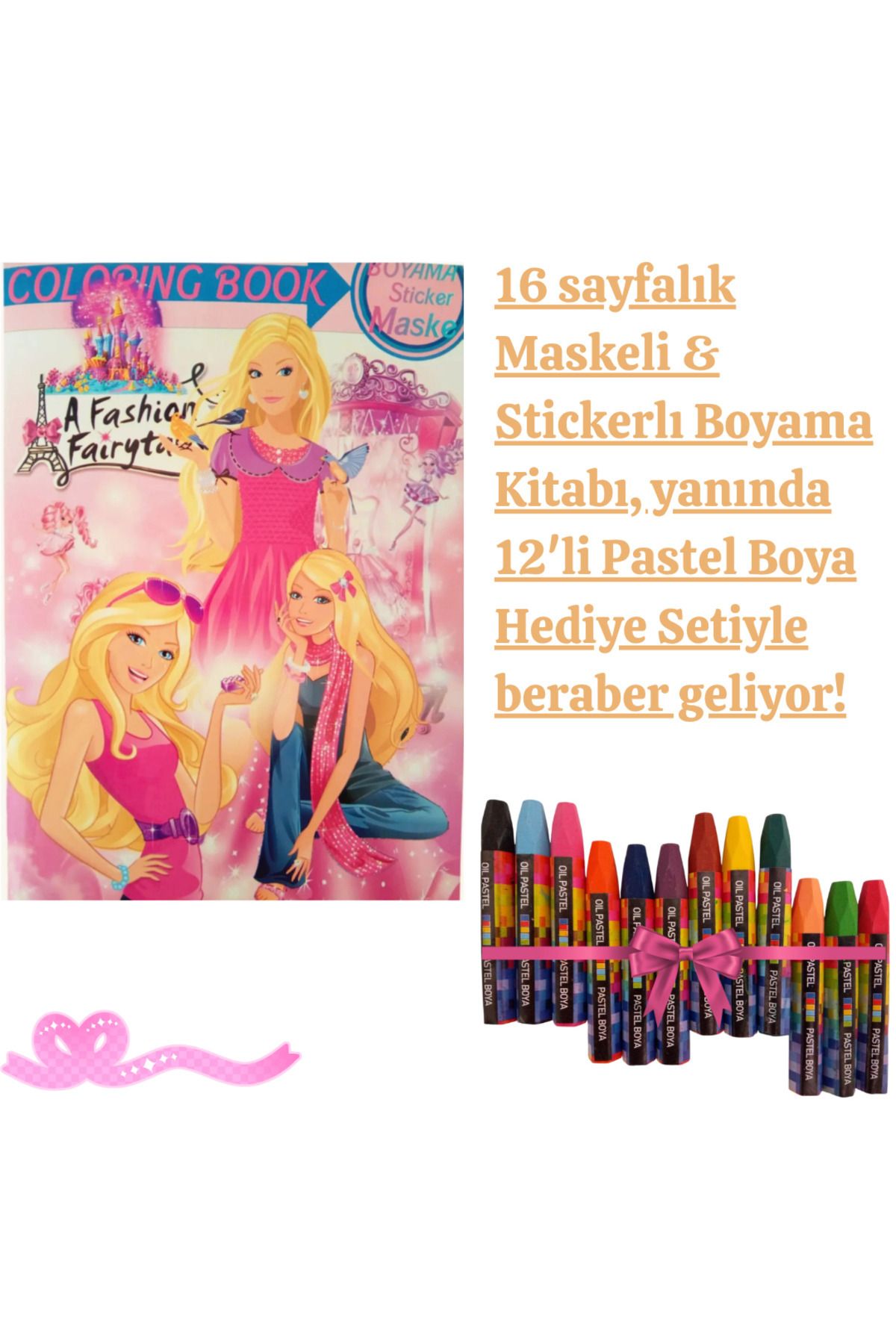 booddie Barbie Barbi Boyama Kitabı Stickerlı (arka Kapak Kesilerek Maskeli ) 12'li Pastel Boya Seti