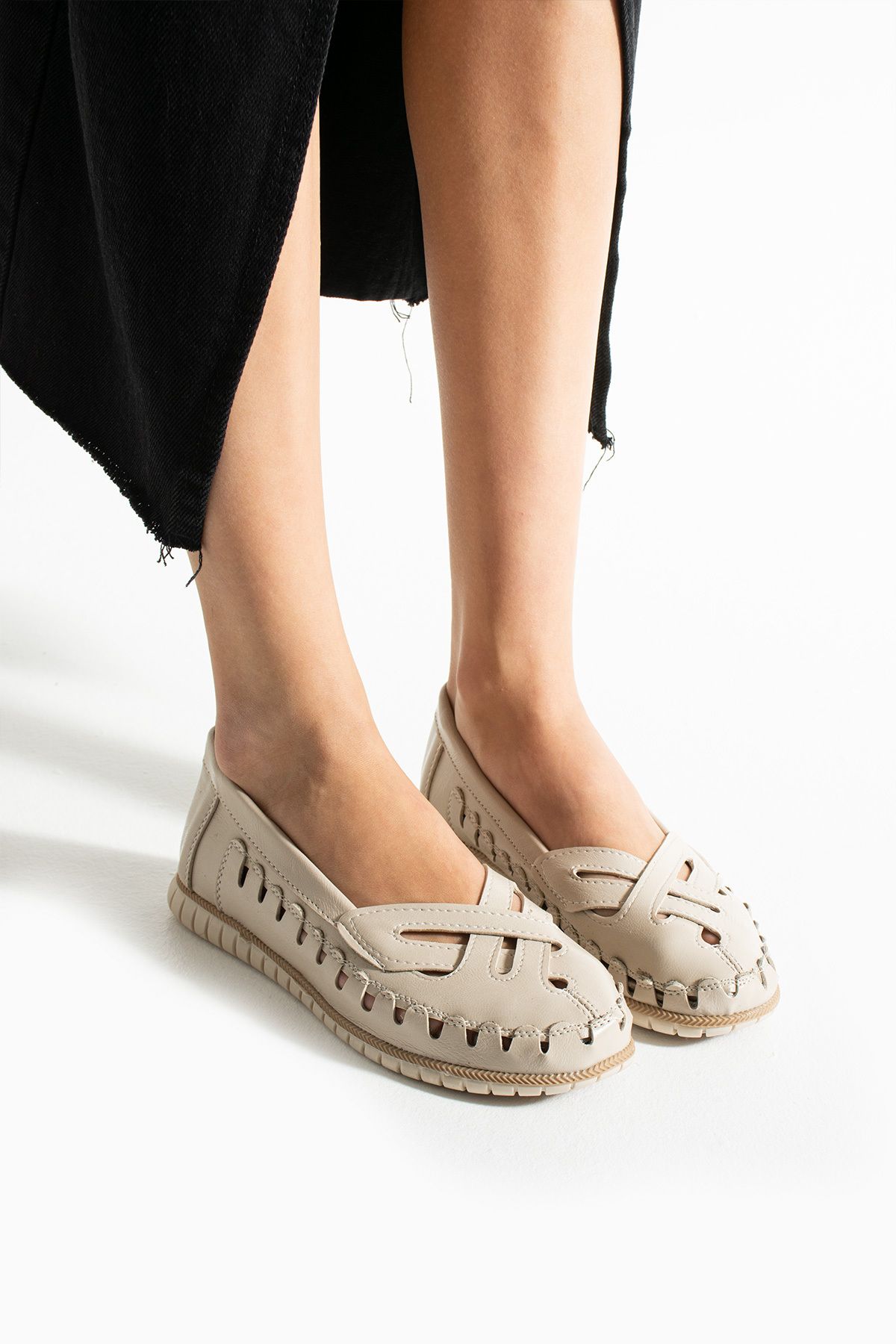 KAOF SHOES Kadın Bej Hakiki Deri Babet Ayakkabı Anne Ayakkabısı Klasik Ayakkabı Casual Günlük Ayakkabı