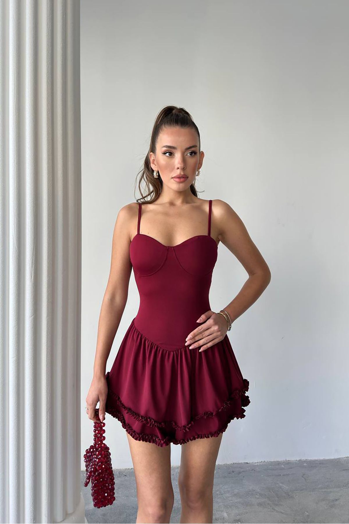 Neşeli Butik kadın gloplu fırfır detaylı mini elbise NBDF043