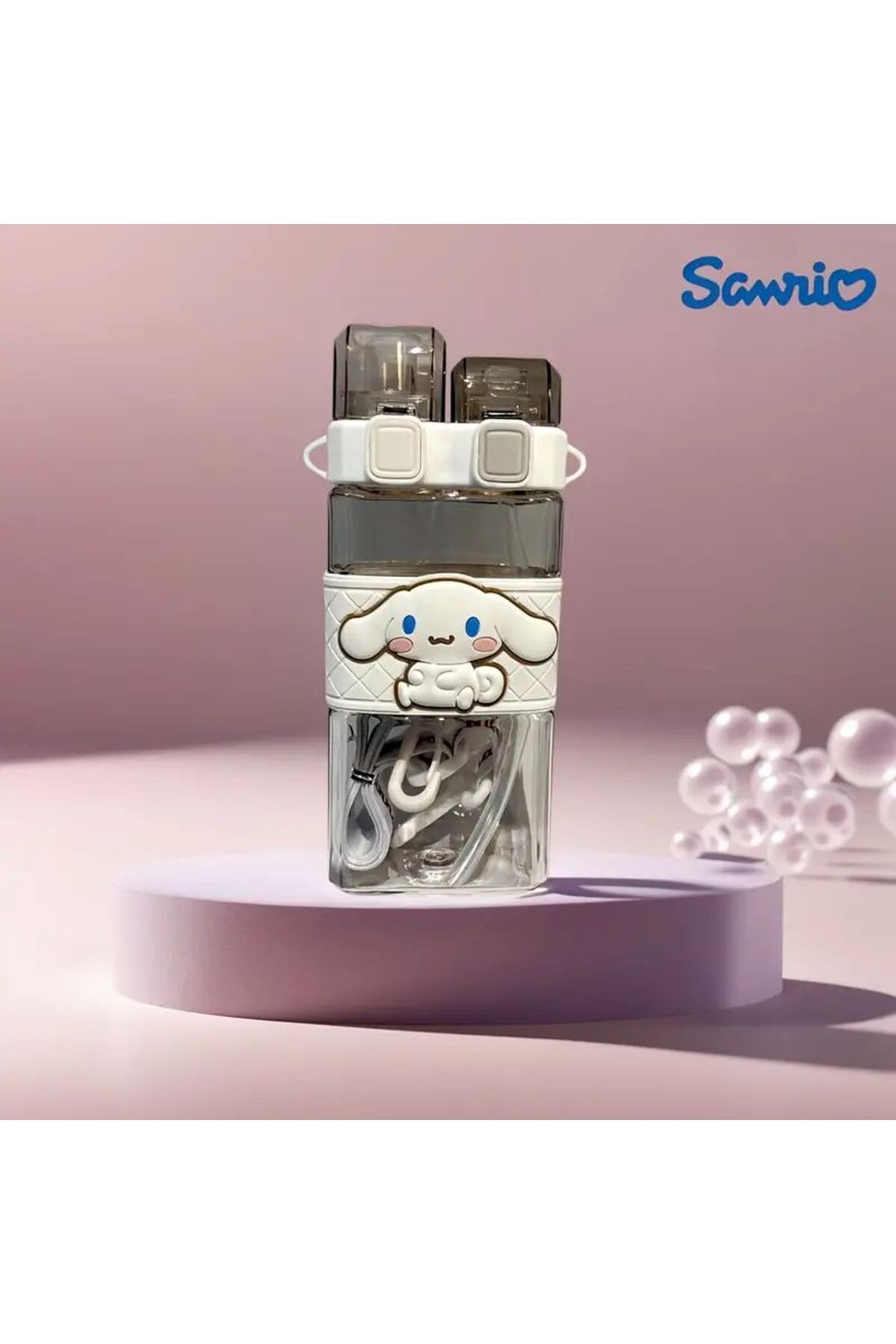 SANRIO Karakterli Kırılmaz Çift Pipetli Su Matarası - Kuromi ve Arkadaşları Temalı Şeffaf Matara