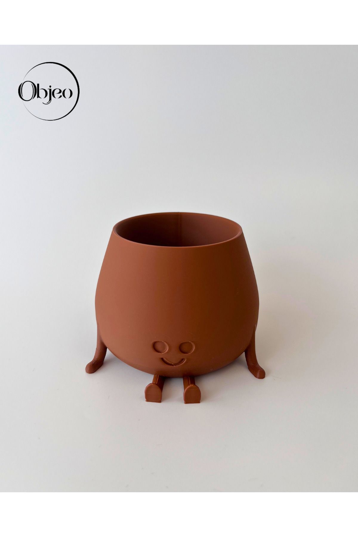 objeo Mutlu Gülen Yüzlü Ayaklı Sevimli Objeo Mini Saksı – 3D Baskı Dekoratif Saksı - Kahverengi