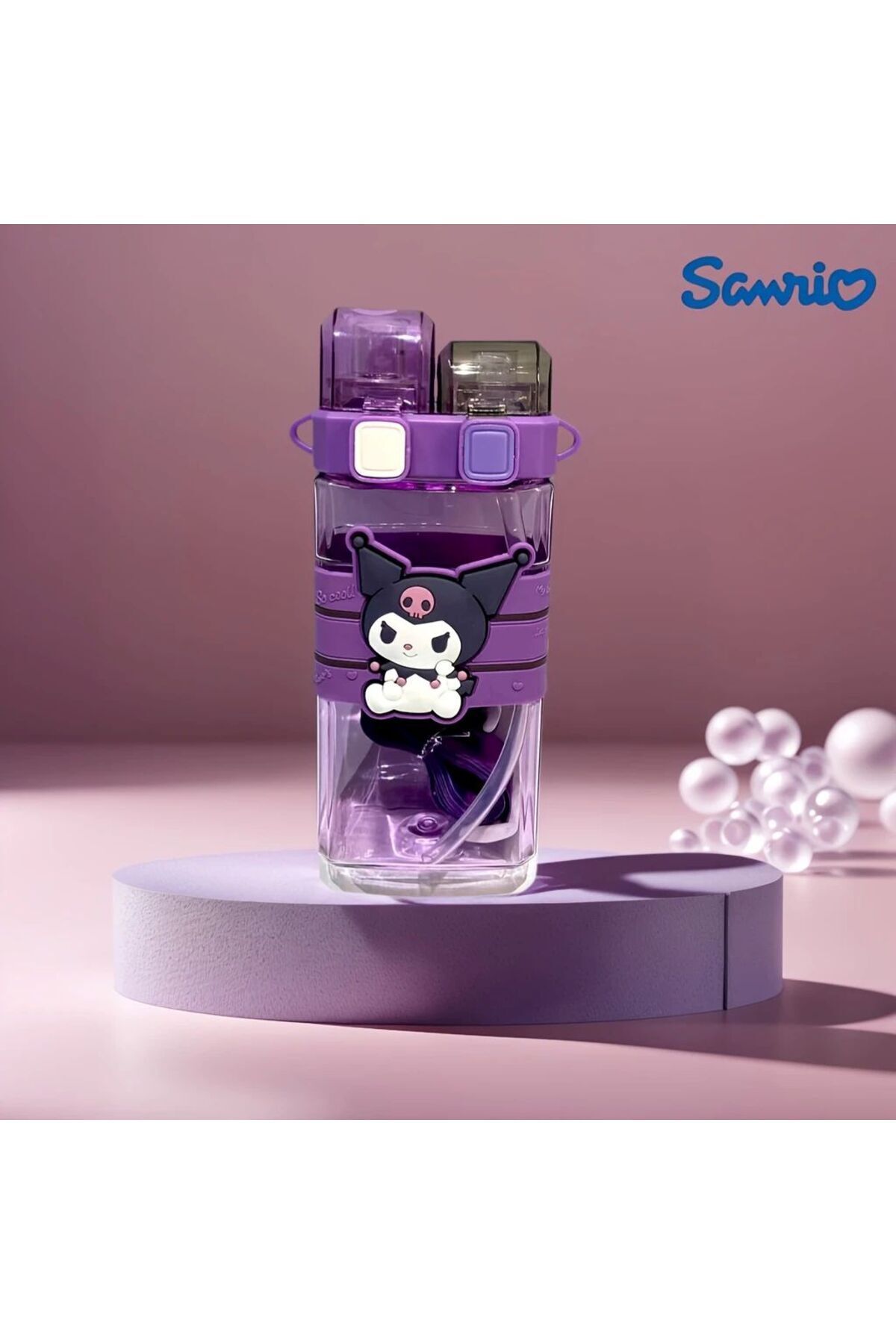 SANRIO Karakterli Kırılmaz Çift Pipetli Su Matarası - Kuromi ve Arkadaşları Temalı Şeffaf Matara