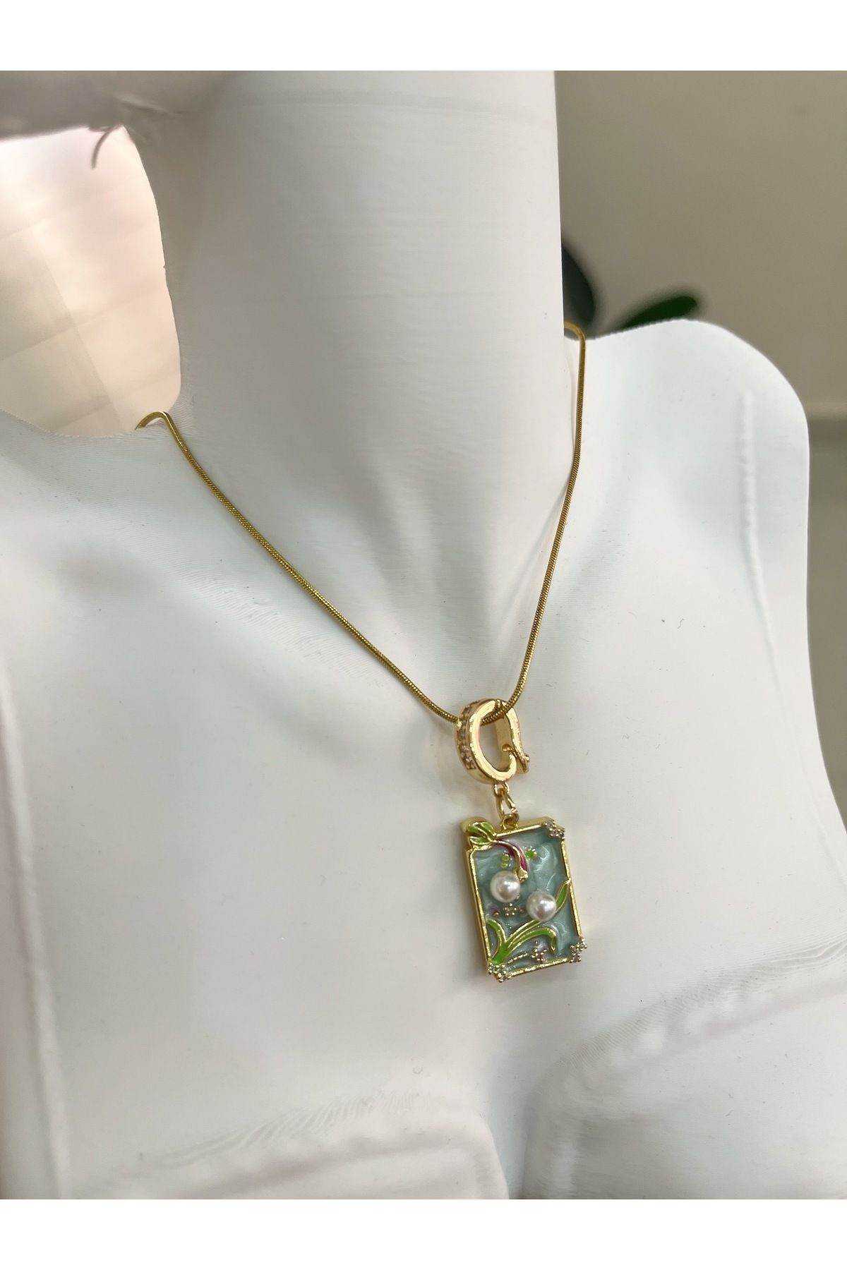 FirstRoseStore Vintage Turkuaz Kare Çelik Kolye