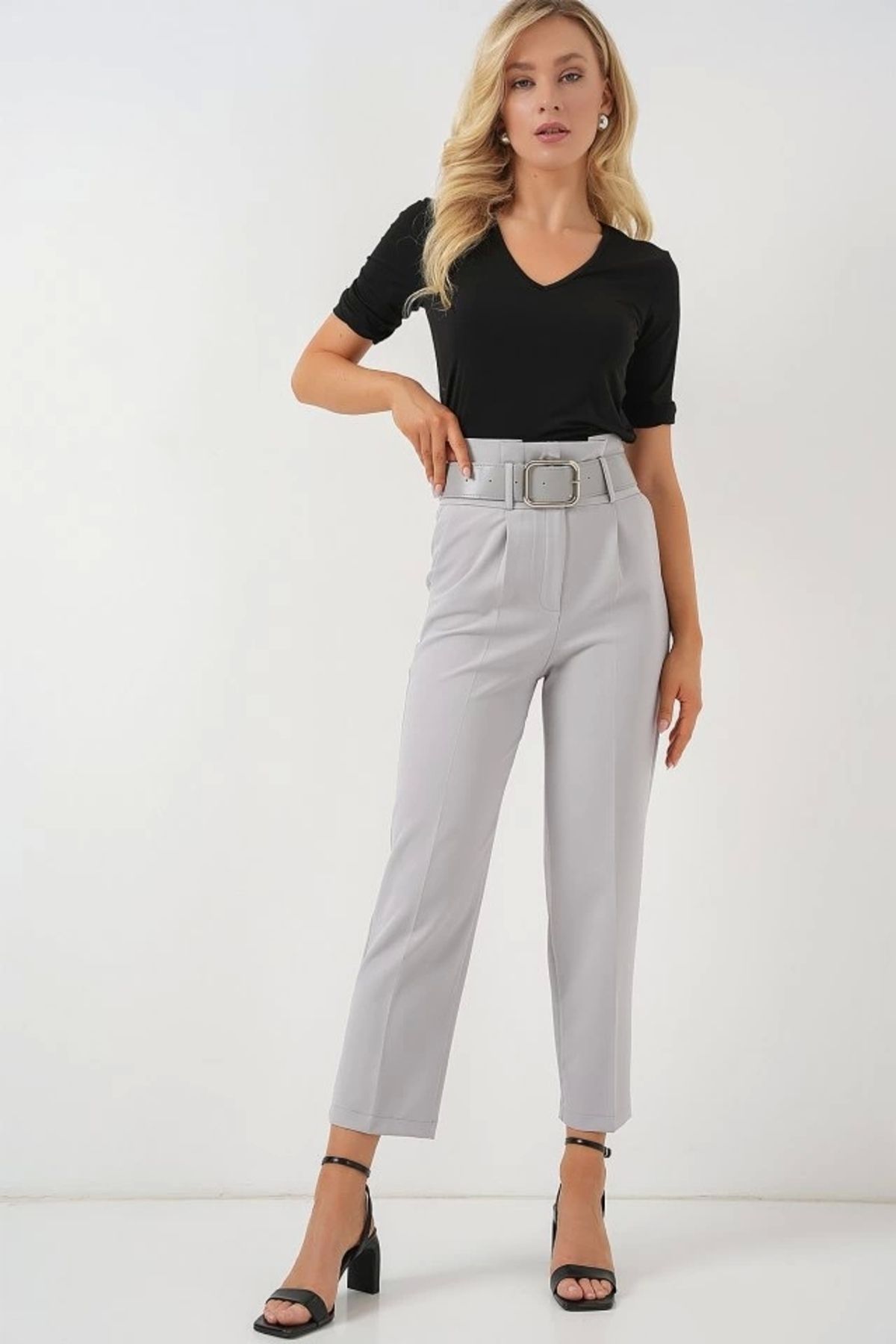 Silerra 6556 Kemerli Kumaş Pantolon - Gri